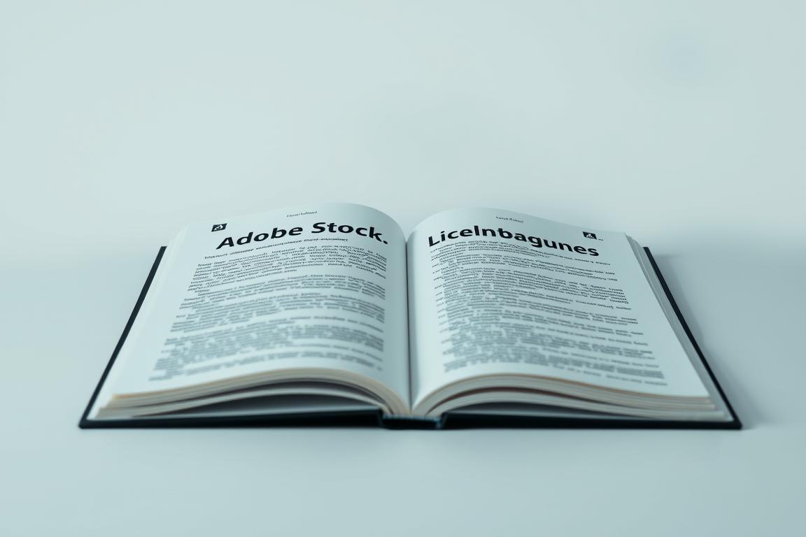 A formal, professional document against a clean, minimalist background. In the foreground, an open book or document with the title "Adobe Stock Lizenzbedingungen" displayed prominently. The pages contain text and legal jargon, conveying the serious and contractual nature of the content. Soft, directional lighting illuminates the document, creating a sense of authority and importance. The background is a plain, neutral color or subtle gradient, allowing the focal point to remain the legal document. The overall mood is one of seriousness, attention to detail, and a need to carefully understand the terms and conditions. The composition is balanced and symmetrical, reflecting the structured, formal nature of the subject matter.