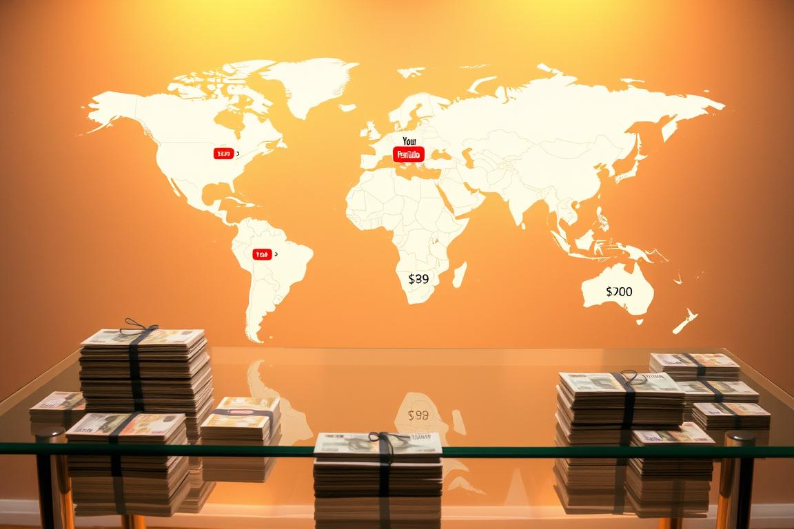 A global map of the world illuminated by warm, golden-hued lighting, hovering above a sleek, minimalist glass table. On the map, various regions are highlighted, each with a distinct price tag for YouTube Premium, showcasing the international price differences. The map is surrounded by neatly arranged stacks of currency from different countries, creating a sense of financial comparison. The overall composition exudes a professional, analytical atmosphere, inviting the viewer to explore the nuances of global pricing for the premium video service.