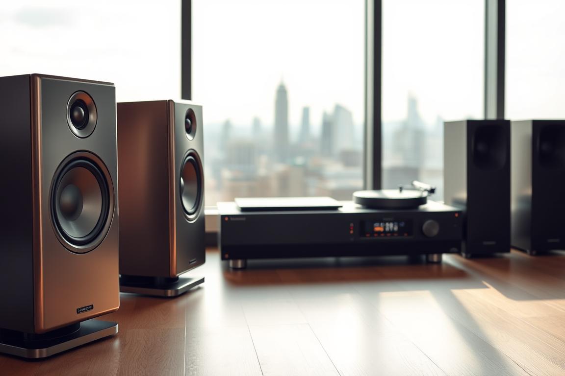 A high-fidelity audio system with a sleek, minimalist design. The foreground features a pair of audiophile-grade speakers, their metallic grilles and precision-engineered enclosures reflecting the warm lighting of the room. The middle ground showcases a high-end amplifier and a turntable, their controls and displays hinting at the depth of sonic experience they offer. In the background, a large, panoramic window overlooks a serene urban landscape, the city skyline blurred and softened by the muted tones of the room. The overall atmosphere conveys a sense of refined sophistication, where the pursuit of exceptional sound quality is elevated to an art form.