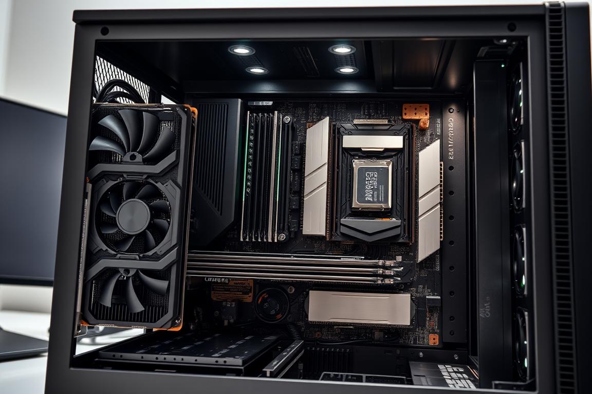A high-performance desktop computer with an open side panel, showcasing the inner workings of an Excel-optimized system. In the foreground, a powerful graphics card and a large, high-speed RAM module are prominently displayed, symbolizing the hardware requirements for efficient Excel calculations. The middle ground features a sleek, modern motherboard with a state-of-the-art CPU socket, suggesting the importance of processor performance for Excel speed. The background subtly depicts a clean, minimalist workspace, creating a professional and focused atmosphere. Soft, directional lighting illuminates the components, emphasizing their technical details and the care taken in the system's assembly.