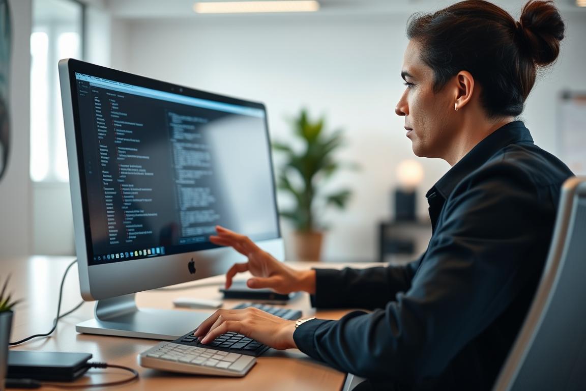 A high-quality digital image of a person carefully examining a computer screen, their hands hovering over a keyboard. The scene is set in a modern, well-lit office with clean lines and minimalist decor. Soft, diffused lighting illuminates the subject's face, casting subtle shadows and highlights to emphasize their focused expression. The background is subtly blurred, drawing the viewer's attention to the central figure and their task of "dateiqualität-überprüfen" (checking file quality). The overall mood is one of professionalism and attention to detail, reflecting the step-by-step process of solving the problem described in the article.