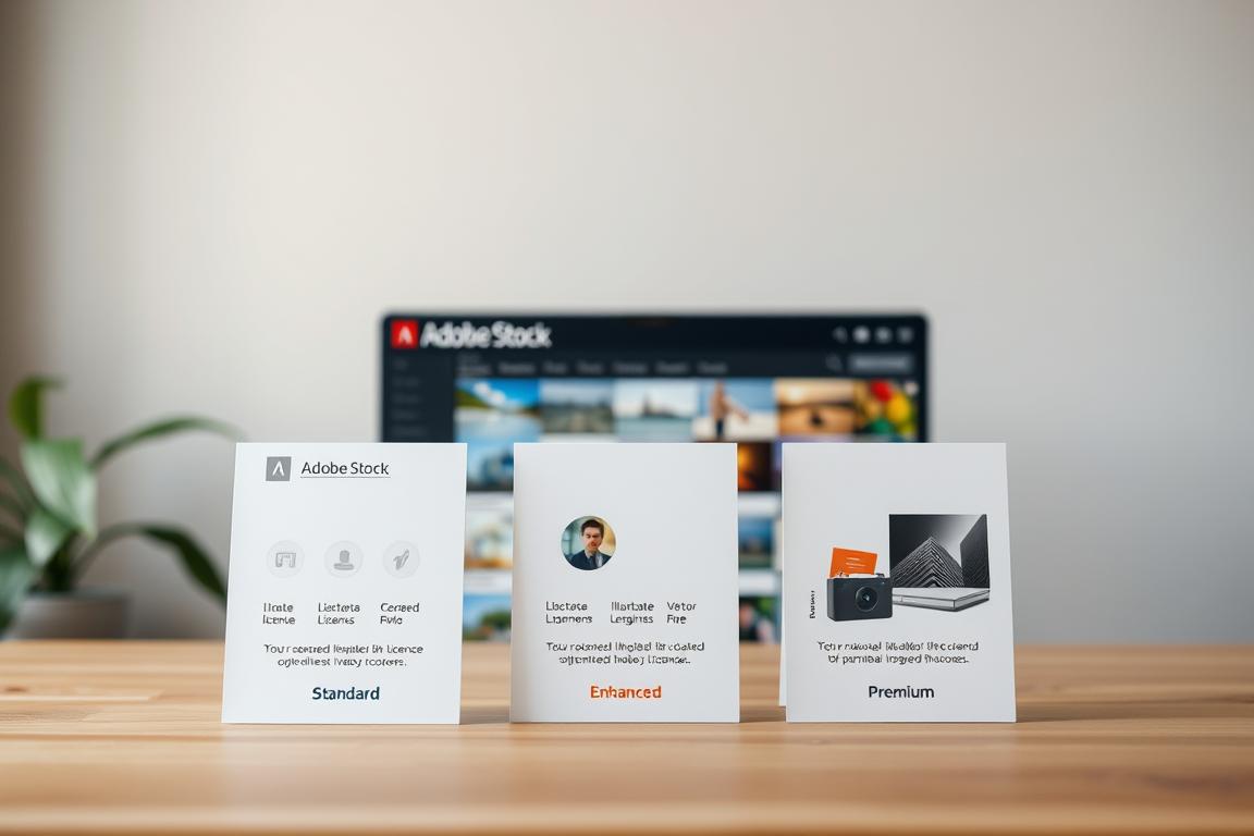 A high-quality photograph of various Adobe Stock license types, presented in an organized and visually appealing manner. The foreground should feature a clean, minimalist display of the different license options, such as Standard, Enhanced, and Premium, with clear icons or visual representations of each. The middle ground should showcase sample visual assets available under these licenses, such as photographs, illustrations, or vector graphics, displayed in a grid layout. The background should have a subtle, soft-focus effect, with a muted, professional color palette that complements the overall composition. Ideal lighting should be natural and evenly distributed, creating a sense of clarity and sophistication. The entire scene should convey a sense of authority and expertise on the topic of Adobe Stock licensing.
