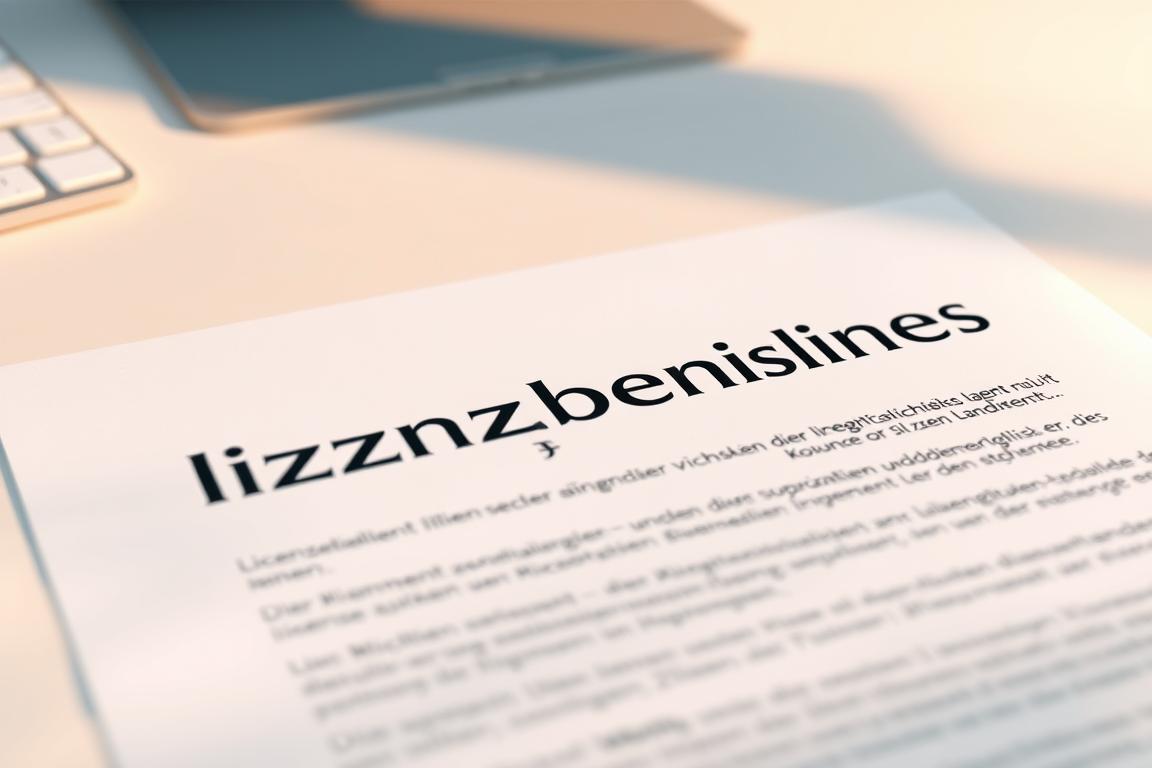 A high-resolution closeup image of a digital document titled "lizenzbedingungen" (license conditions), rendered in a realistic, detailed style. The document is set on a clean, minimalist desk with a subtle warm lighting from the side, casting soft shadows. The document has a crisp, professional appearance with clearly legible German text and official-looking formatting. The overall mood is one of seriousness and attention to detail, conveying the importance of understanding the legal terms and conditions. The depth of field gently blurs the background, keeping the document as the focal point.