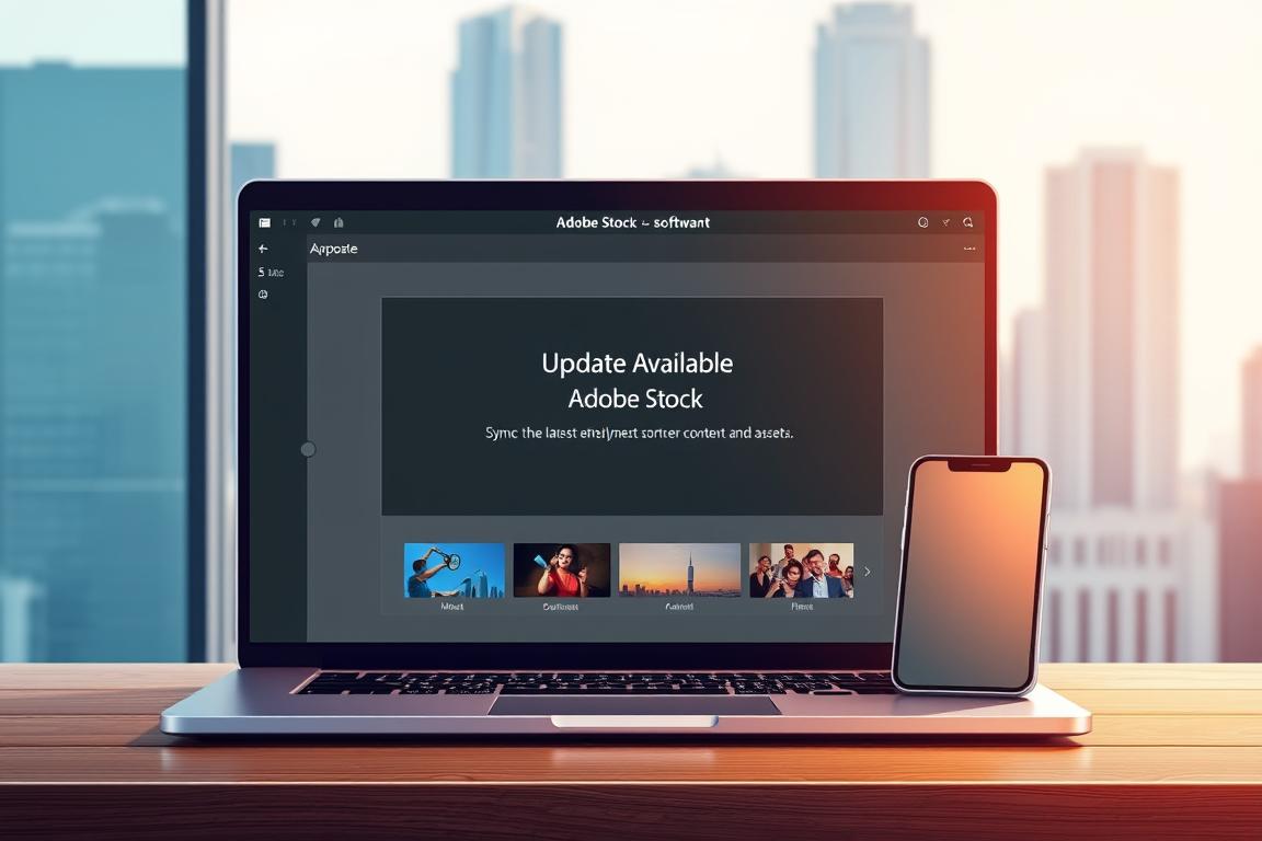 A high-resolution, detailed digital illustration depicting an Adobe Stock software update interface. The foreground shows a modern, sleek desktop application window with clean lines, minimalist design, and a prominent 'Update Available' notification. The middle ground features a laptop and smartphone devices syncing the latest Adobe Stock content and assets. The background showcases a softly blurred cityscape with skyscrapers, suggesting a professional, corporate environment. The lighting is natural, slightly diffused, creating depth and dimension. The overall mood is one of efficiency, productivity, and technological advancement, reflecting the challenges and solutions for resolving Adobe Stock server errors.