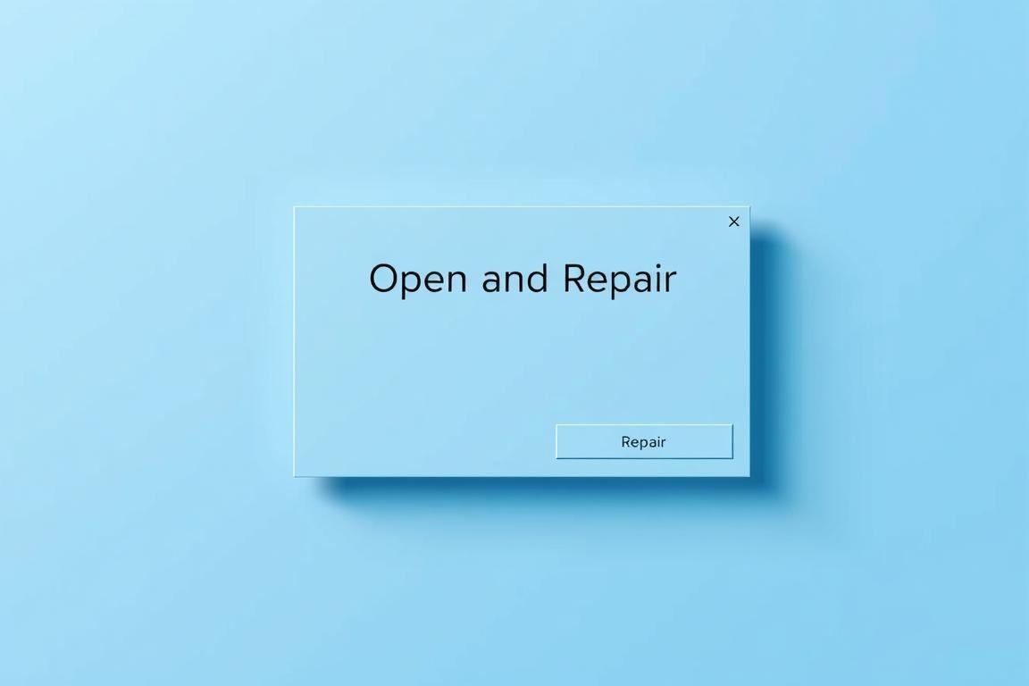 A high-resolution, detailed image of the Excel "Open and Repair" function dialog box in a minimalist, clean user interface. The dialog box is centered in the frame, with a serene blue gradient background that creates a calming, professional atmosphere. The dialog box features a prominent "Open and Repair" title, with clearly labeled options for "Repair" and "Open" below. The interface elements are crisp, with subtle shadows and highlights that convey depth and interactivity. The overall composition is balanced and visually appealing, focusing the viewer's attention on the core functionality of the repair process.