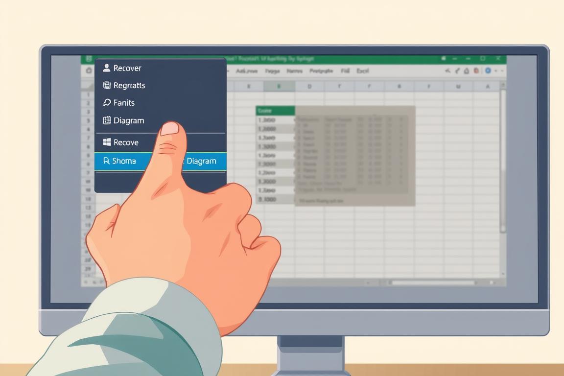 A high-resolution, digital illustration depicting the process of recovering a lost Excel diagram. In the foreground, a human hand carefully navigates through software menus, deftly selecting the "Recover" option. The midground showcases a partially obscured Excel window, with a faded diagram ghosting in the background, hinting at the data that was previously present. The background is a soft, neutral tone, maintaining focus on the central action. The lighting is warm and natural, with gentle shadows casting depth. The overall mood is one of problem-solving, with a sense of relief and accomplishment as the diagram is restored to its rightful place.