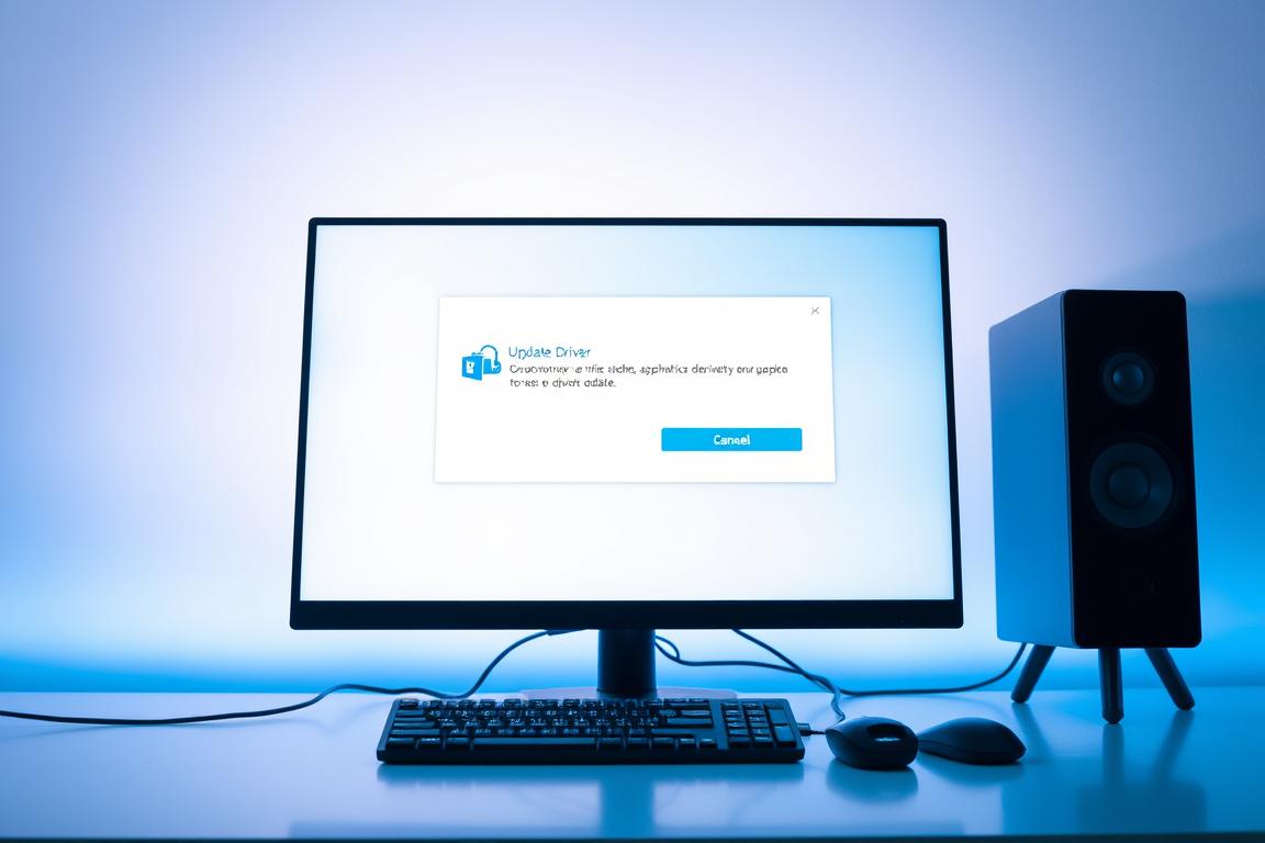 A high-resolution image of a computer screen displaying the "Update Graphics Driver" dialog box, bathed in cool blue and white tones. The display features a clear, intuitive interface with prominent "Update" and "Cancel" buttons. In the background, a sleek, modern desktop setup with a stylish monitor, keyboard, and mouse against a minimalist backdrop, conveying a sense of professionalism and attention to detail. The lighting is soft and diffused, creating a clean, technological ambience. The overall composition emphasizes the ease and importance of keeping graphics drivers up-to-date, aligned with the article's subject and section title.