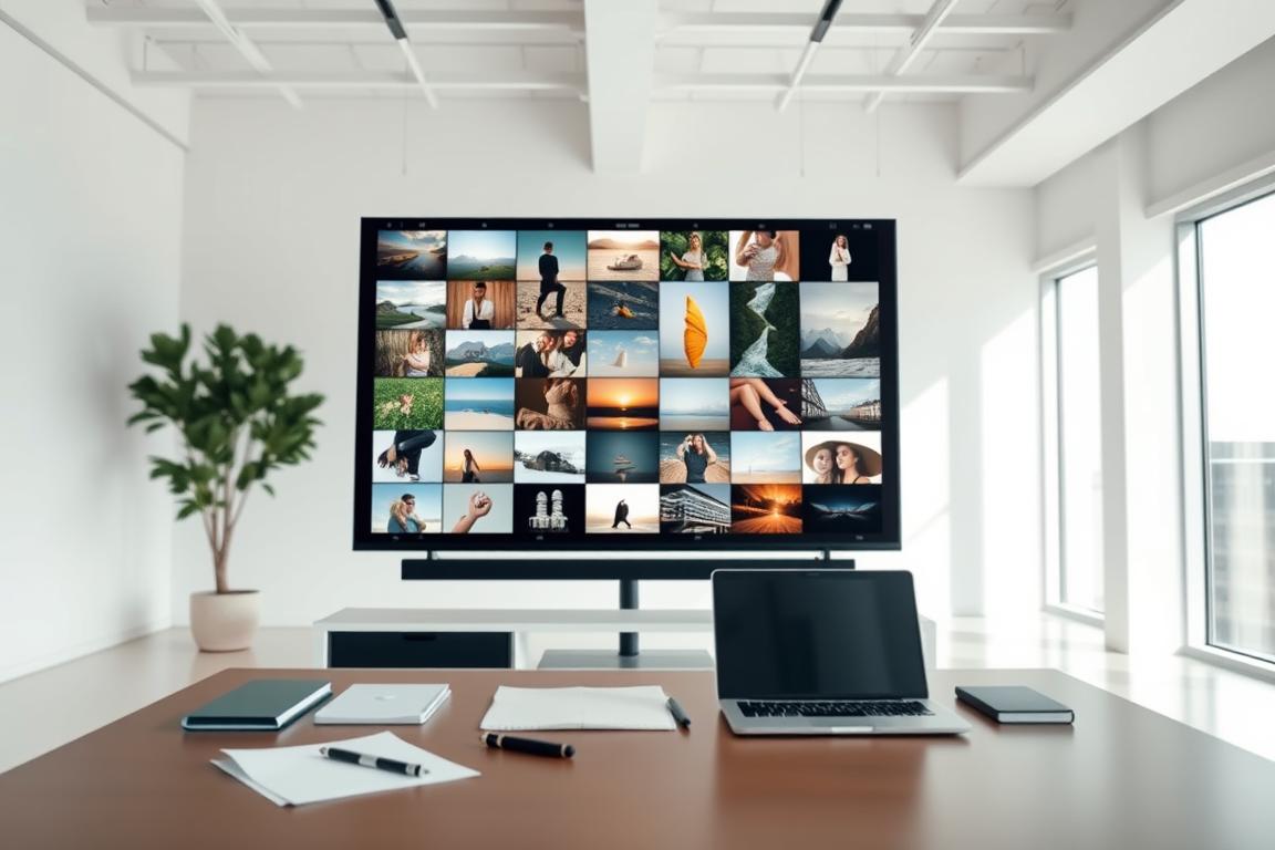 A high-resolution photograph of a contemporary editorial workspace, with a clean, minimalist aesthetic. The foreground features a neatly organized desk with a laptop, pen, and papers, suggesting a professional and productive environment. The middle ground showcases a large, wall-mounted monitor displaying a grid of various stock images, hinting at the process of curating and selecting visuals for editorial use. The background is a bright, airy room with large windows, allowing natural light to flood the space and create a serene, contemplative atmosphere. The overall scene conveys a sense of focused, thoughtful attention to the editorial process and the careful consideration of visual content.
