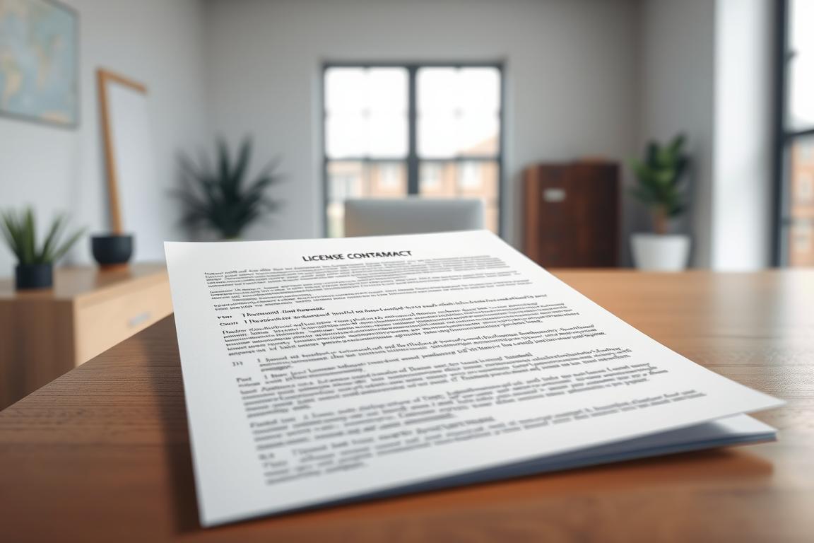 A high-resolution, photorealistic image of a legal contract or license agreement for Adobe Stock, featuring a close-up view of the document text and legalese. The background is a clean, minimalist office setting with a simple wooden desk and natural lighting coming in from a large window. The contract is displayed prominently in the center of the frame, with a focused, crisp depth of field that draws the viewer's attention to the key details. The overall mood is one of professionalism, clarity, and attention to legal compliance.