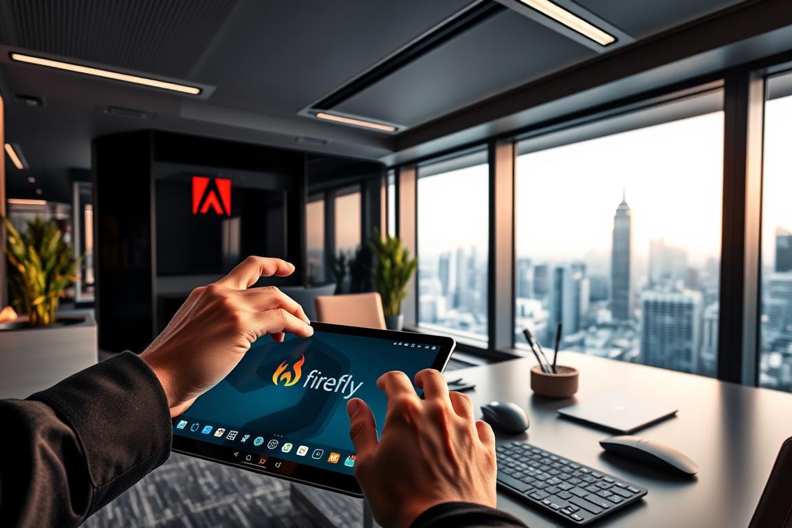 A high-tech office workspace with sleek modern furniture and a large flat-screen monitor displaying the Adobe Firefly logo. In the foreground, a hand gestures over a touchscreen tablet, demonstrating advanced features. The middle ground features a well-organized desk with a pen holder, a mouse, and a keyboard. The background showcases a floor-to-ceiling window with a panoramic city skyline view, creating a sense of urban sophistication. The lighting is soft and indirect, casting a warm glow over the scene. The overall atmosphere conveys a professional, cutting-edge ambiance suitable for expert users of Adobe Firefly.