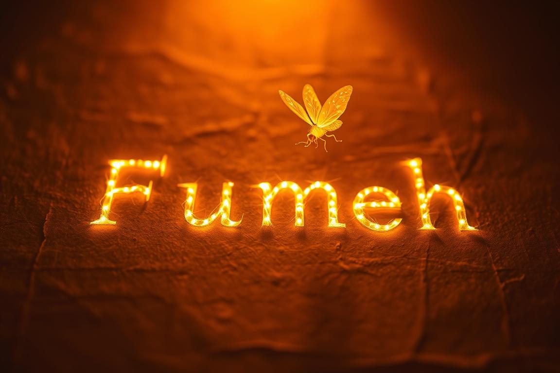 A luminous firefly fluttering in a warm, summer night, casting its mesmerizing glow on a textured, parchment-like surface. The text emerges organically, as if written by a gentle, flickering flame, the letters dancing and pulsing with an enchanting, ethereal energy. The scene is bathed in a soft, amber hue, creating an intimate, cozy atmosphere, inviting the viewer to step into this magical, tactile world of light and shadow. The composition is balanced, with the text elegantly framed by the firefly's graceful movements, creating a captivating, seamless integration of the organic and the digital.