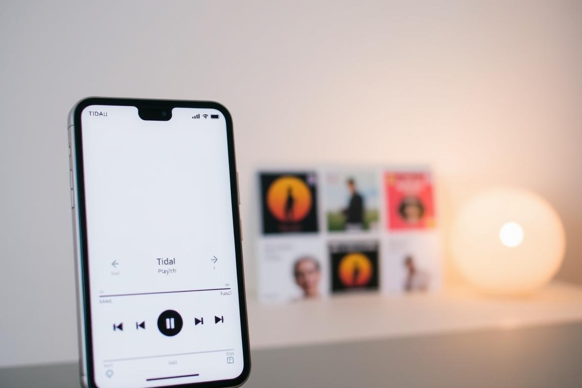 A minimalist, modern user interface of the TIDAL music streaming app, showcasing its core functions. The foreground features a clean, intuitive layout with prominent controls for playback, search, and navigation. The middle ground highlights vibrant album artwork and playlist covers, reflecting the app's focus on high-quality music discovery. In the background, a subtle gradient or textured pattern adds depth and visual interest, while soft, diffused lighting creates a warm, inviting atmosphere. The overall composition conveys a sense of simplicity, elegance, and a premium user experience tailored for music enthusiasts.