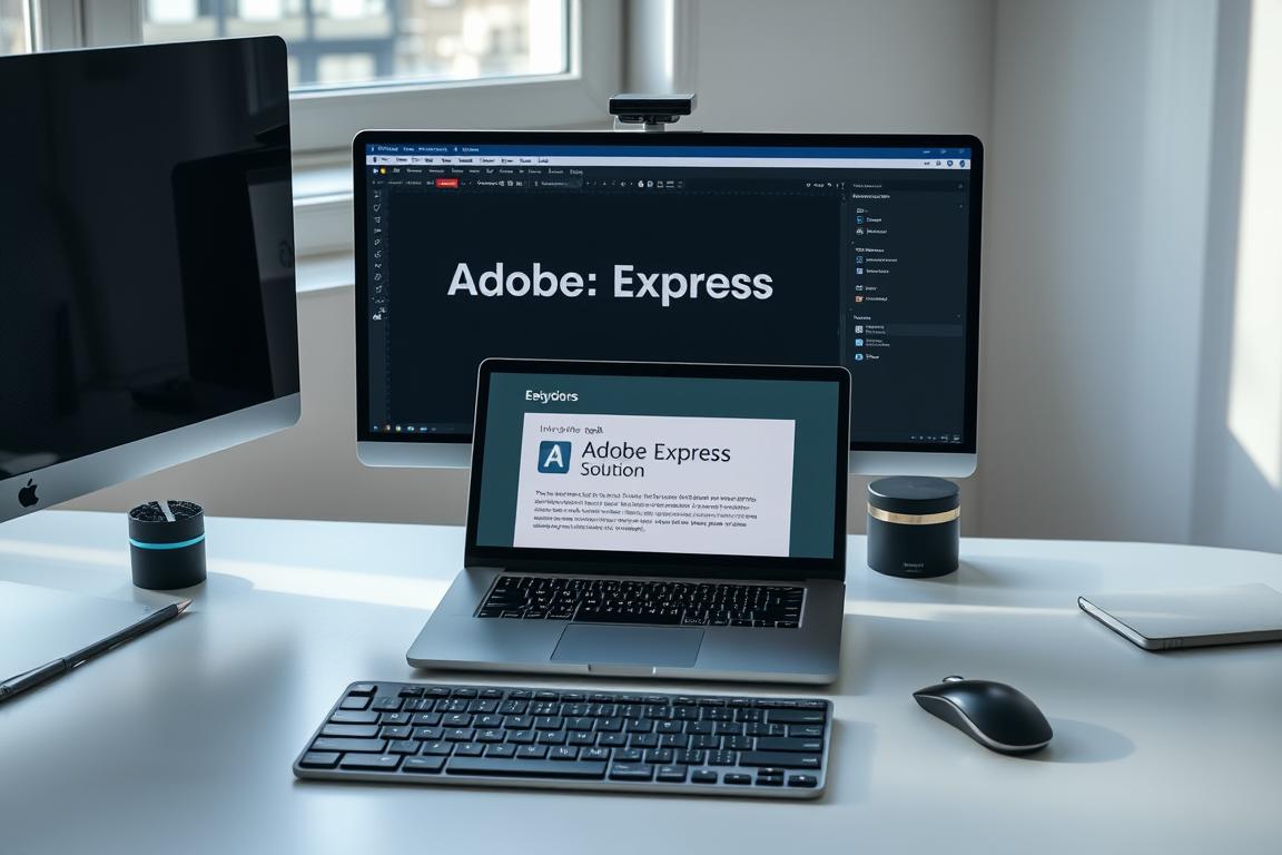 A modern and clean desktop workspace with a sleek, minimalist design. In the center, a laptop displays the Adobe Express interface, showcasing intuitive text customization options. The laptop is surrounded by a clutter-free desk setup, including a stylish mouse, keyboard, and a modern, slim monitor. Soft, directional lighting from a window illuminates the scene, casting gentle shadows and highlights to accentuate the products' clean lines and premium aesthetics. The overall mood is one of professional efficiency and digital productivity, perfectly suited for illustrating alternative software solutions for text-related issues.