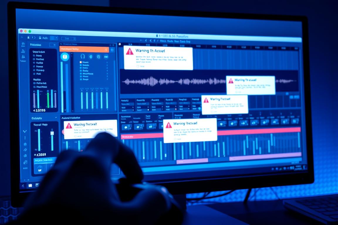 A modern computer desktop with a digital audio workstation application open, displaying various error messages and warning signs related to audio editing tasks. The screen is bathed in a cool, technical blue light, creating a sense of digital anxiety. In the foreground, a hand hovers over the mouse, contemplating the next step. The middle ground features an array of UI elements, sliders, and visualizations, hinting at the complexities of audio post-production. In the background, a subtle grid pattern or abstract digital textures suggest the underlying technological framework. The overall tone is one of frustration and problem-solving, capturing the essence of troubleshooting audio editing issues.