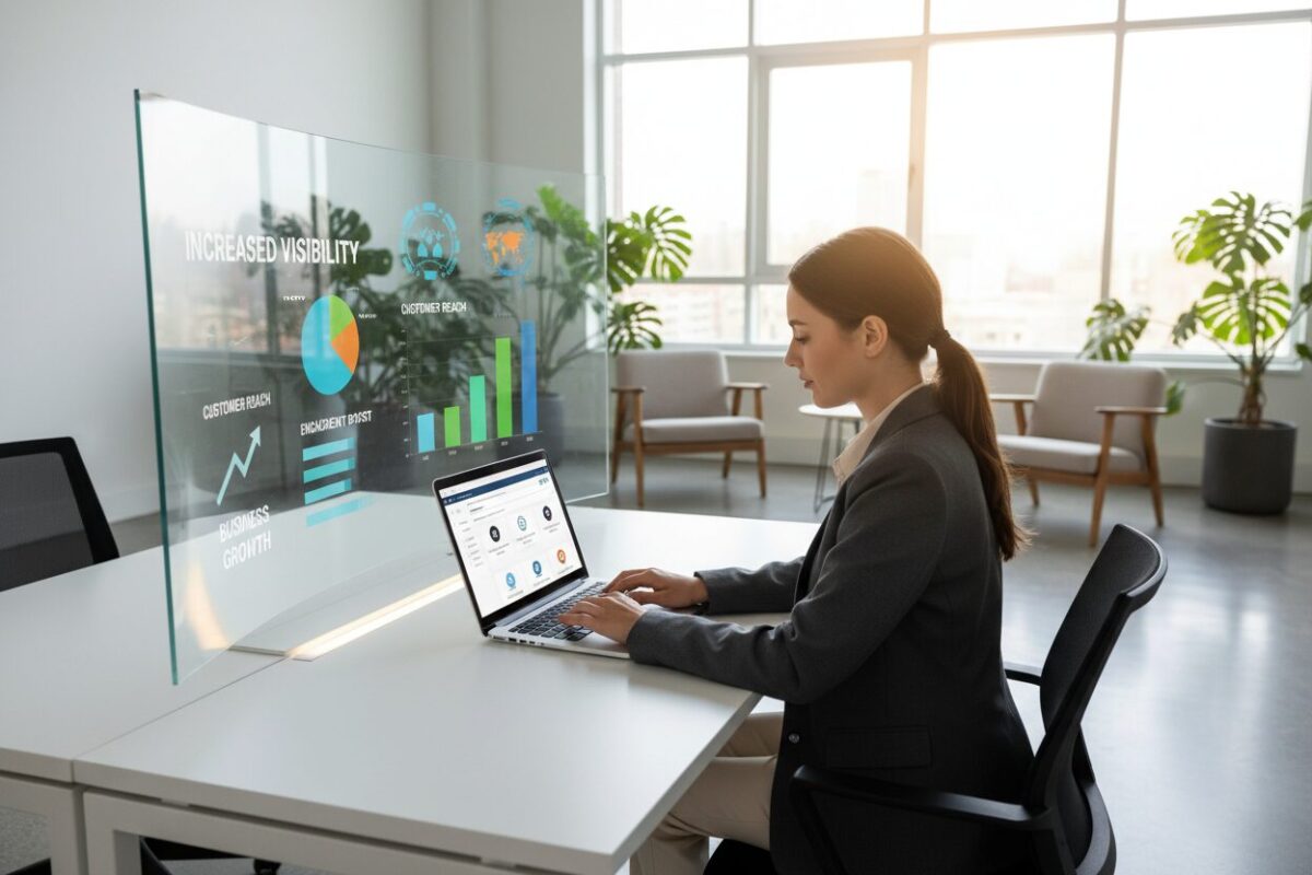 A modern digital workspace showcasing the benefits of online business directories. In the foreground, a professional woman in business attire is seated at a sleek desk, using a laptop to navigate an online directory. In the middle ground, a large screen displays colorful graphs and business analytics, highlighting advantages such as increased visibility and customer engagement. The background features a bright office environment with stylish decor, plants, and a window letting in natural sunlight. The lighting is warm and inviting, creating an atmosphere of productivity and opportunity. The camera angle is slightly elevated, providing a clear view of both the woman and the digital interface, emphasizing the theme of connection and growth in the online business world.