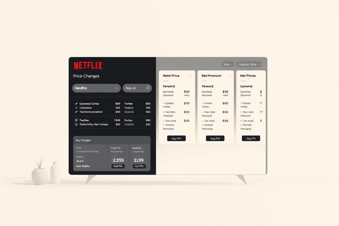 A modern, minimalist illustration depicting the evolving Netflix pricing landscape in 2025. In the foreground, a cleanly-designed user interface showcases various subscription plan options, with clear, legible pricing details. The middle ground features stylized icons and graphics symbolizing key changes, such as new premium tiers or bundled offerings. The background is a soft, neutral gradient, allowing the pricing information to take center stage. The overall composition conveys a sense of accessibility, transparency, and the thoughtful evolution of Netflix's pricing model to meet the needs of its diverse customer base. A modern, minimalist illustration depicting the evolving Netflix pricing landscape in 2025. In the foreground, a cleanly-designed user interface showcases various subscription plan options, with clear, legible pricing details. The middle ground features stylized icons and graphics symbolizing key changes, such as new premium tiers or bundled offerings. The background is a soft, neutral gradient, allowing the pricing information to take center stage. The overall composition conveys a sense of accessibility, transparency, and the thoughtful evolution of Netflix's pricing model to meet the needs of its diverse customer base.