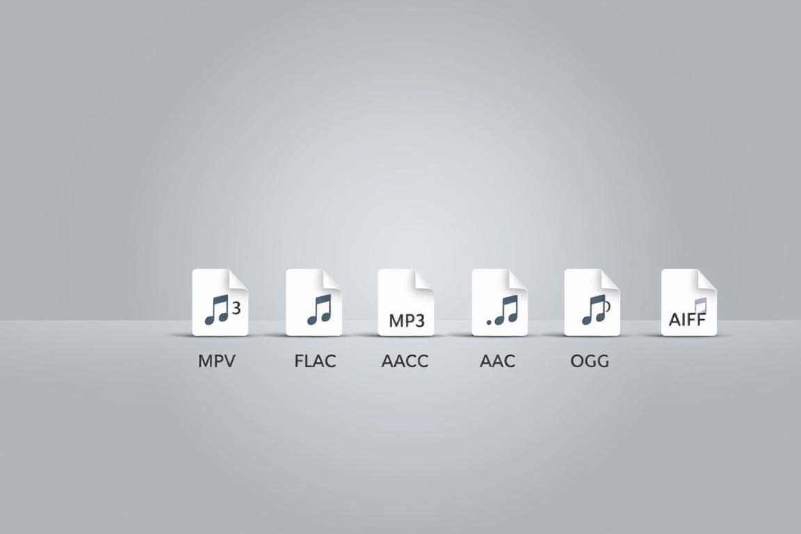 A modern, minimalist illustration showcasing the supported audio formats in Adobe Express. In the foreground, a collection of various audio file icons - MP3, WAV, FLAC, AAC, OGG, and AIFF - neatly arranged in a grid. The icons are rendered in a clean, vector-based style, with subtle shadows and highlights to give them a three-dimensional appearance. The middle ground features a simple, grey background with a subtle texture, providing a neutral, yet visually appealing backdrop. The lighting is soft and diffused, creating a calm, professional atmosphere. The composition is balanced and symmetrical, guiding the viewer's attention to the key elements. The overall aesthetic is sleek, contemporary, and optimized for clear, on-screen display.