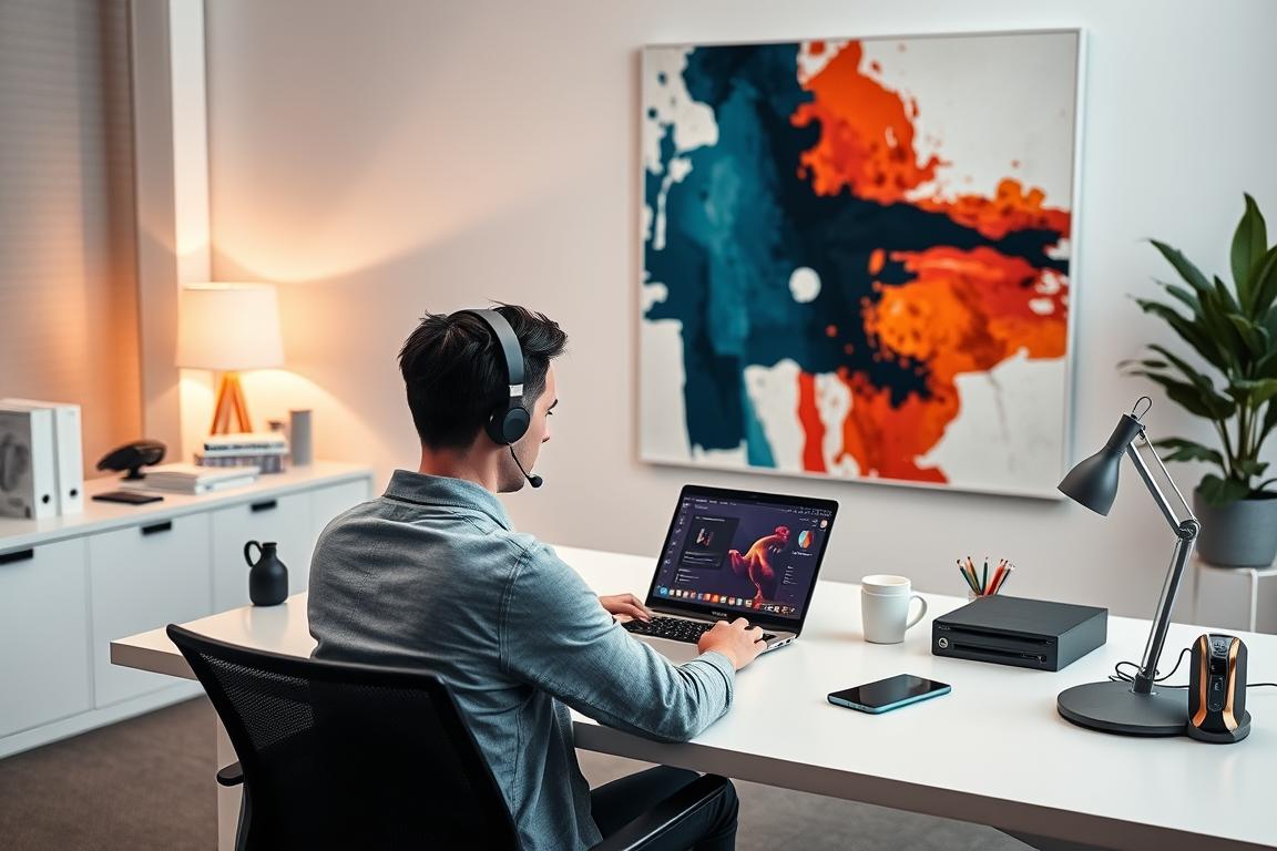 A modern, minimalist office scene with a person contacting Adobe support. In the foreground, a person sits at a sleek white desk, intently focused on their laptop screen. The middle ground features an array of office supplies and a stylish desk lamp casting a warm glow. The background showcases a large, vibrant abstract art piece on the wall, adding depth and a sense of professionalism. The lighting is balanced, with soft shadows and highlights accentuating the scene. The overall mood is one of efficiency and problem-solving, with a touch of contemporary sophistication.