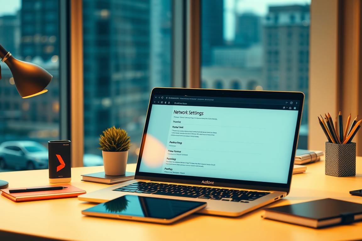 A modern office desk with a laptop, tablet, and various office supplies. The laptop screen displays the Adobe Stock website, showcasing the network settings page. Soft, warm lighting illuminates the scene, creating a professional and productive atmosphere. The background features a blurred cityscape through a window, hinting at the connected, digital world. The composition is balanced, with the technological elements taking center stage, symbolizing the importance of network settings in accessing Adobe Stock's resources. A modern office desk with a laptop, tablet, and various office supplies. The laptop screen displays the Adobe Stock website, showcasing the network settings page. Soft, warm lighting illuminates the scene, creating a professional and productive atmosphere. The background features a blurred cityscape through a window, hinting at the connected, digital world. The composition is balanced, with the technological elements taking center stage, symbolizing the importance of network settings in accessing Adobe Stock's resources.