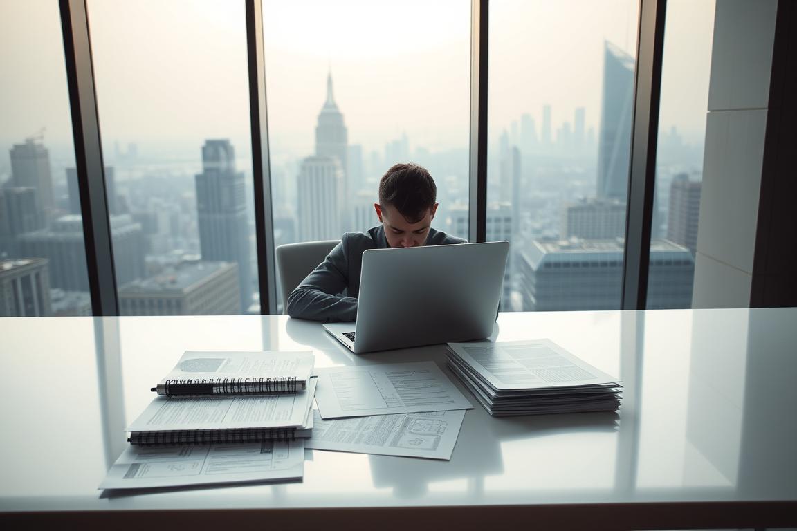 A modern office space with a large window overlooking a bustling city skyline. In the foreground, a person sits at a sleek, minimalist desk, intently focused on a laptop screen. On the desk, various legal documents and files are neatly arranged, hinting at the complexities of navigating the legal landscape surrounding AI-generated imagery. The lighting is soft and natural, creating a calm and contemplative atmosphere. The background is filled with the hazy silhouettes of skyscrapers and the faint glow of the cityscape, symbolizing the larger context in which these legal issues exist. The overall scene conveys a sense of professionalism, attention to detail, and the importance of understanding the nuances of the law when working with AI-generated visuals.