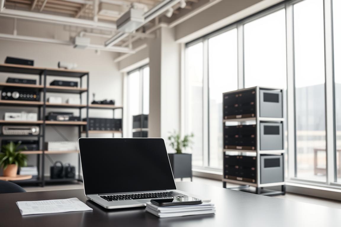 A modern, sleek office interior with large windows letting in natural light. In the foreground, a desk with a laptop, smartphone, and a stack of documents. In the middle ground, shelves with digital devices and storage units. The background features technical equipment like servers, network switches, and security cameras, all in a minimalist, high-tech aesthetic. The atmosphere is professional, efficient, and conveys a sense of data privacy and compliance. The lighting is balanced, with soft shadows and highlights accentuating the clean, sophisticated design. The overall impression is of a secure, GDPR-compliant workspace.