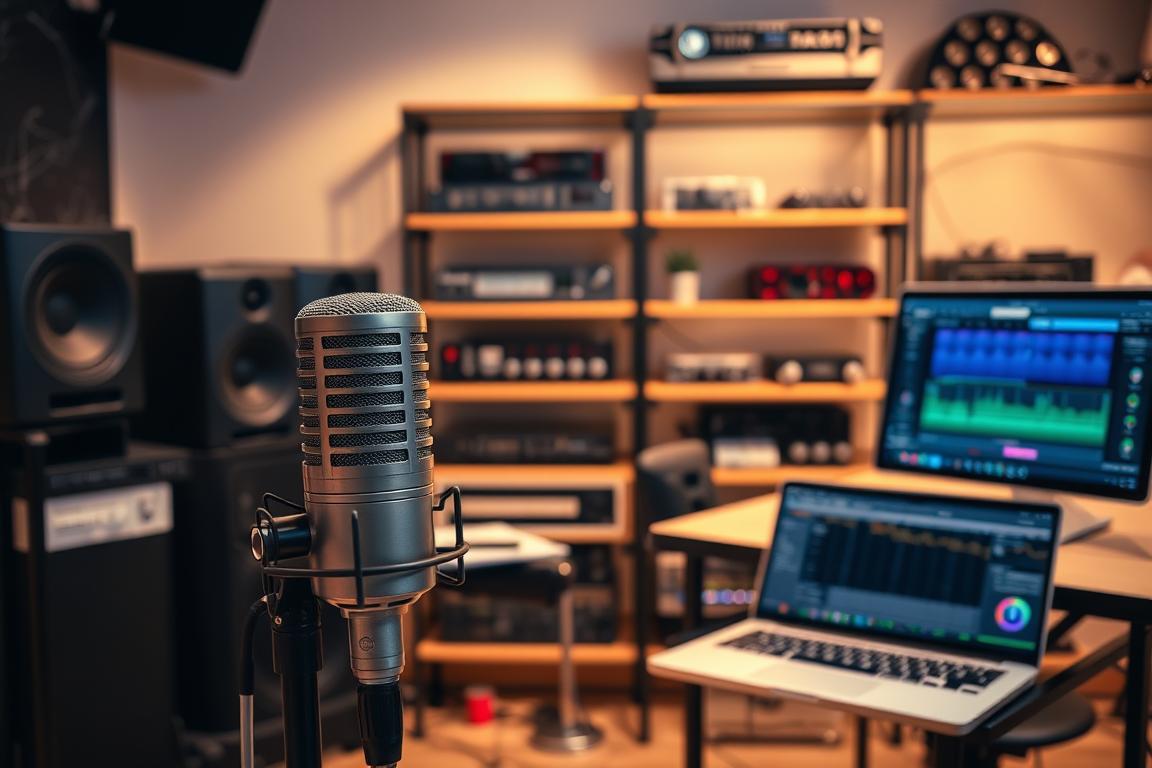 A modern, sleek recording studio with various audio equipment and devices. In the foreground, a high-end microphone stands prominently, conveying professional-grade audio capabilities. In the middle ground, a laptop or tablet displays audio editing software, hinting at the versatile solutions available. The background features shelves with neatly organized audio interfaces, mixers, and other audio peripherals, creating an atmosphere of technological sophistication. The lighting is warm and diffused, setting a relaxed yet productive tone. The composition emphasizes the seamless integration of hardware and software, suggesting alternative solutions to the audio upload problem. A modern, sleek recording studio with various audio equipment and devices. In the foreground, a high-end microphone stands prominently, conveying professional-grade audio capabilities. In the middle ground, a laptop or tablet displays audio editing software, hinting at the versatile solutions available. The background features shelves with neatly organized audio interfaces, mixers, and other audio peripherals, creating an atmosphere of technological sophistication. The lighting is warm and diffused, setting a relaxed yet productive tone. The composition emphasizes the seamless integration of hardware and software, suggesting alternative solutions to the audio upload problem.