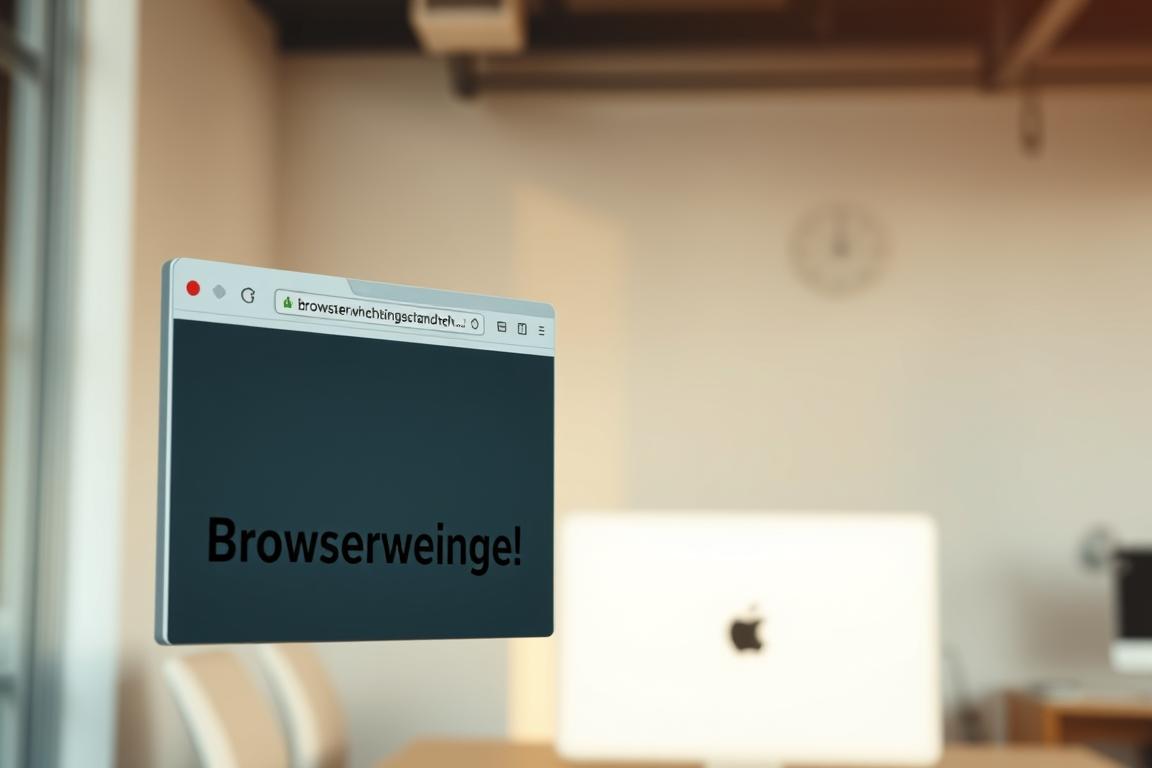 A modern web browser window with a prominent "Browserwechsel" (German for "Browser Change") label displayed on the screen. The window is positioned in the foreground, with a soft, out-of-focus backdrop of a minimalist office setting, suggesting the context of troubleshooting a web application. The lighting is warm and natural, creating a calm, focused atmosphere. The angle is slightly elevated, giving the viewer a sense of control and oversight. The browser window is clean, uncluttered, and reflects a professional, problem-solving mindset.