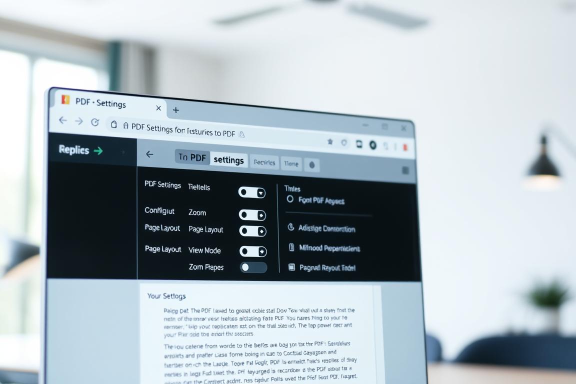 A neatly organized browser window showcasing the PDF settings panel. The foreground features a clean, minimalist user interface with intuitive controls for adjusting PDF display options, such as zoom, page layout, and viewing modes. The middle ground depicts the PDF document itself, with clear and legible content. The background subtly suggests a modern, well-lit workspace, with a sense of depth and calm atmosphere. Lighting is natural and diffused, creating a soft, inviting ambiance. The camera angle is slightly elevated, providing a comprehensive overview of the browser interface and PDF viewer. The overall aesthetic is professional, user-friendly, and tailored to the task of troubleshooting PDF-related issues. A neatly organized browser window showcasing the PDF settings panel. The foreground features a clean, minimalist user interface with intuitive controls for adjusting PDF display options, such as zoom, page layout, and viewing modes. The middle ground depicts the PDF document itself, with clear and legible content. The background subtly suggests a modern, well-lit workspace, with a sense of depth and calm atmosphere. Lighting is natural and diffused, creating a soft, inviting ambiance. The camera angle is slightly elevated, providing a comprehensive overview of the browser interface and PDF viewer. The overall aesthetic is professional, user-friendly, and tailored to the task of troubleshooting PDF-related issues.
