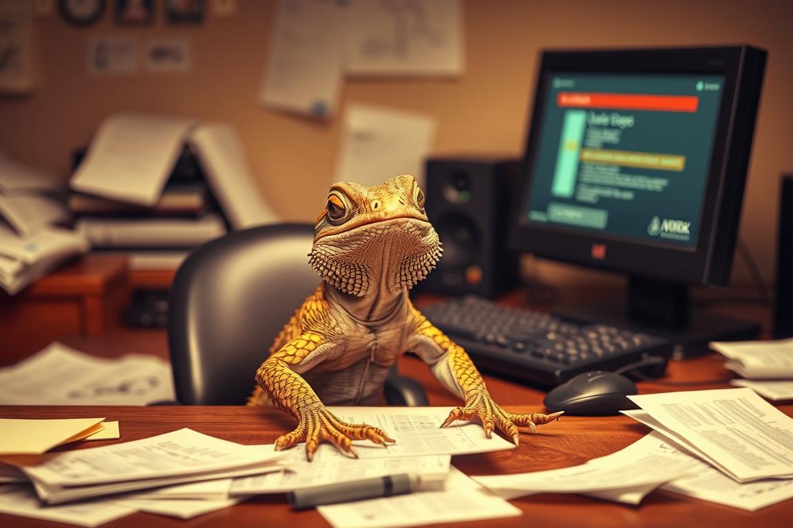 A perplexed lizard sitting at a desk, surrounded by scattered papers and a malfunctioning computer. The lizard's expression conveys the frustration of dealing with a complex licensing issue within the Adobe Express software. The scene is illuminated by a warm, soft light, casting gentle shadows that add depth and atmosphere. The overall composition suggests a humorous, yet relatable, representation of the "Adobe Express Lizenzproblem" faced by users.
