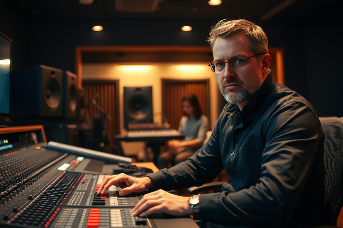 A professional audio engineer sits at a desk, focused intently on a high-end mixing console. The room is dimly lit, with warm, directional lighting illuminating the engineer's face and the equipment. In the background, a soundproofed recording studio is visible, hinting at the depth of expertise required to tackle complex audio issues. The engineer's expression conveys a sense of calm determination, signaling the individual's ability to provide reliable, specialized assistance. The overall atmosphere evokes a professional, problem-solving environment where technical mastery and attention to detail are paramount. A professional audio engineer sits at a desk, focused intently on a high-end mixing console. The room is dimly lit, with warm, directional lighting illuminating the engineer's face and the equipment. In the background, a soundproofed recording studio is visible, hinting at the depth of expertise required to tackle complex audio issues. The engineer's expression conveys a sense of calm determination, signaling the individual's ability to provide reliable, specialized assistance. The overall atmosphere evokes a professional, problem-solving environment where technical mastery and attention to detail are paramount.
