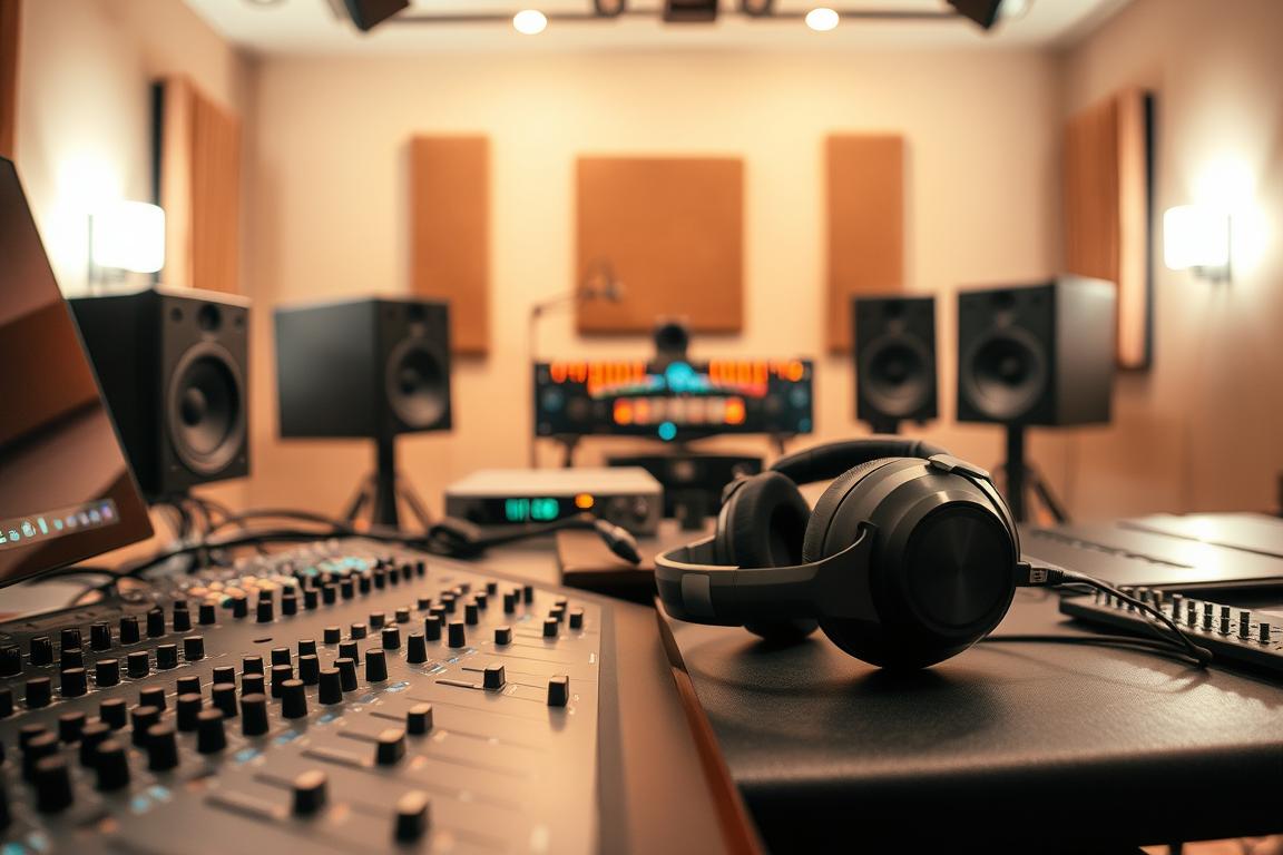 A professional audio engineer's workspace, bathed in warm, diffused lighting. In the foreground, a high-end audio workstation with sleek, minimalist controls, and a pair of studio-grade headphones. Surrounding it, an assortment of audio processing tools, including equalizers, compressors, and noise reduction plugins, all neatly organized on the desk. In the middle ground, a state-of-the-art audio interface, its LED meters dancing with the flow of the soundtrack. The background blurs into a softly-lit, acoustically-treated recording studio, with sound-dampening panels lining the walls, creating an environment conducive to precise audio manipulation and pristine sound quality.