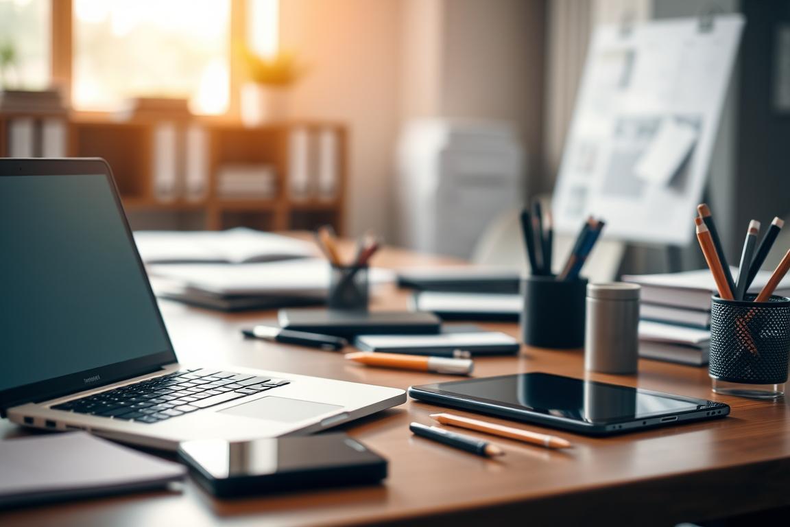 A professional business office scene featuring a laptop, tablet, and various office supplies arranged on a wooden desk. The lighting is soft and diffused, creating a warm, productive atmosphere. The focus is on the digital devices, hinting at the challenges and considerations around using customer-provided stock imagery. The background is blurred, keeping the attention on the foreground elements. The composition is balanced, with the devices placed strategically to guide the viewer's eye. The overall mood is one of thoughtful contemplation, suggesting the care and attention required when working with customer-provided assets.