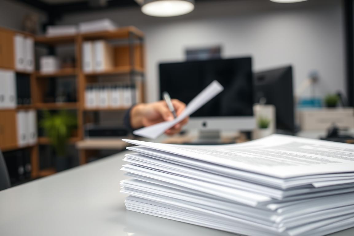 A professional, high-quality stock photo showing the concept of "Stockfoto Lizenzierung". In the foreground, a stack of printed documents or contracts representing legal licensing agreements. In the middle ground, a person's hands carefully reviewing or signing the documents. The background features a blurred office setting with a computer monitor, shelves, and other office equipment, conveying a corporate, professional atmosphere. Bright, even lighting illuminates the scene, creating a clean, polished look. The overall composition and tone suggest the importance of proper licensing and legal compliance when using stock imagery.