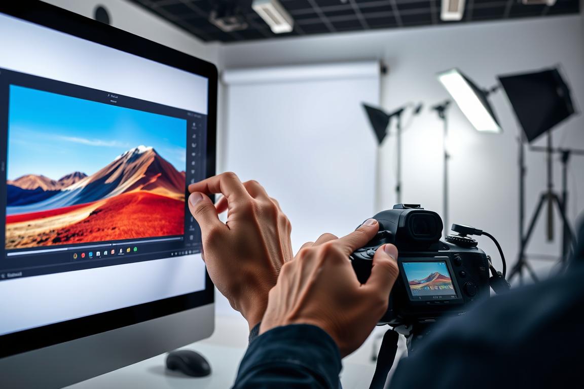 A professional-looking image with a clean, modern aesthetic that showcases techniques to improve image quality. In the foreground, a computer screen displays a high-resolution photograph with vibrant colors and sharp details. In the middle ground, a photographer's hand makes adjustments to photo editing software, fine-tuning exposure, contrast, and sharpness. In the background, a softly lit studio setup with a seamless backdrop, softbox lighting, and camera equipment suggests a controlled environment for capturing high-quality images. The overall mood is one of technical expertise and visual refinement.