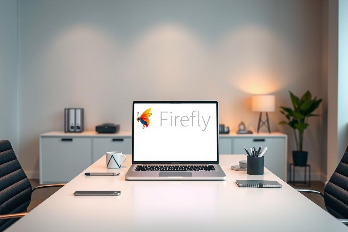 A professional, well-lit office setting with a sleek, modern desk and chair. On the desk, a laptop displaying the Adobe Firefly logo, flanked by a stylized firefly icon and various office supplies. The background features clean, minimalist decor with subtle, warm lighting, creating a calm and productive atmosphere. The composition emphasizes the centrality of the Adobe Firefly branding, conveying a sense of professionalism and technical expertise to address account-related problems and solutions.