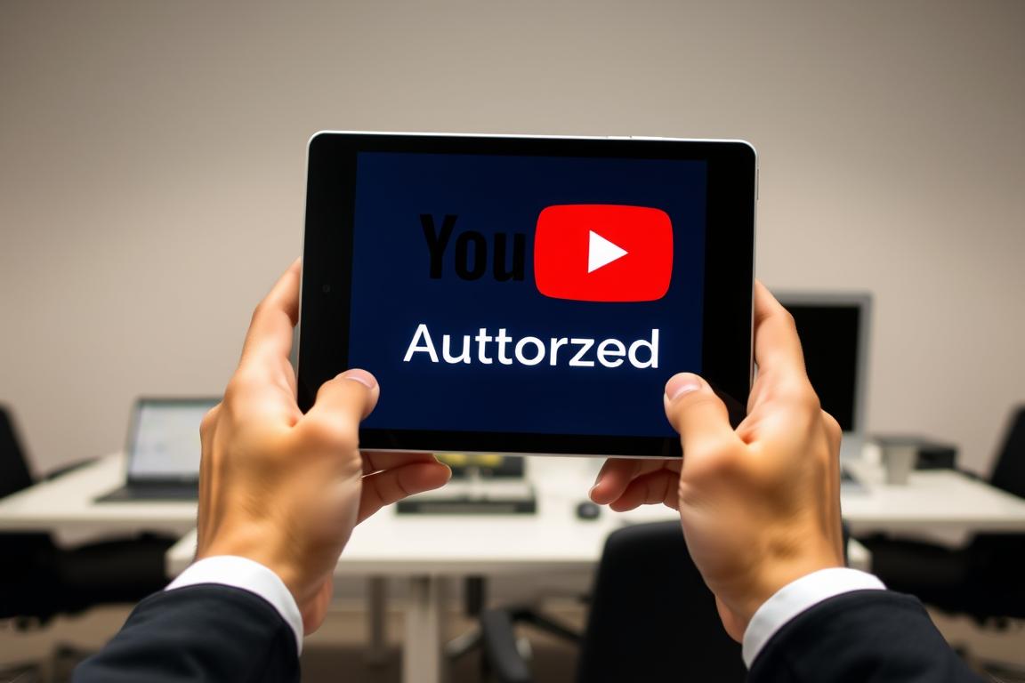 A professional, well-lit photograph of a person's hands holding a tablet computer or smartphone, with the Adobe Stock logo and "YouTube" prominently displayed on the screen. The image should convey a sense of legality and authorized usage, with a clean, modern aesthetic. The background should be a simple, neutral office or workspace setting, with minimal distractions. The lighting should be soft and even, highlighting the details of the hands and the digital display.