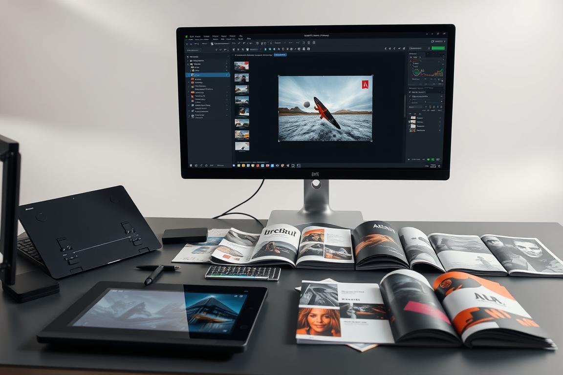 A professional, well-lit studio scene showcasing the process of using Adobe Stock images in print products. In the foreground, a designer's workspace with a desktop computer, graphics tablet, and neatly organized design tools. On the screen, an Adobe Photoshop or InDesign interface displaying an Adobe Stock image being edited and manipulated. In the middle ground, a variety of physical print samples such as brochures, posters, and packaging, demonstrating the versatility of Adobe Stock images in different print mediums. The background features a neutral backdrop, accentuating the clean, modern aesthetic. The lighting is soft and even, casting subtle shadows to add depth and dimension. The overall mood is professional, informative, and showcases the seamless integration of Adobe Stock imagery into high-quality print productions. A professional, well-lit studio scene showcasing the process of using Adobe Stock images in print products. In the foreground, a designer's workspace with a desktop computer, graphics tablet, and neatly organized design tools. On the screen, an Adobe Photoshop or InDesign interface displaying an Adobe Stock image being edited and manipulated. In the middle ground, a variety of physical print samples such as brochures, posters, and packaging, demonstrating the versatility of Adobe Stock images in different print mediums. The background features a neutral backdrop, accentuating the clean, modern aesthetic. The lighting is soft and even, casting subtle shadows to add depth and dimension. The overall mood is professional, informative, and showcases the seamless integration of Adobe Stock imagery into high-quality print productions.