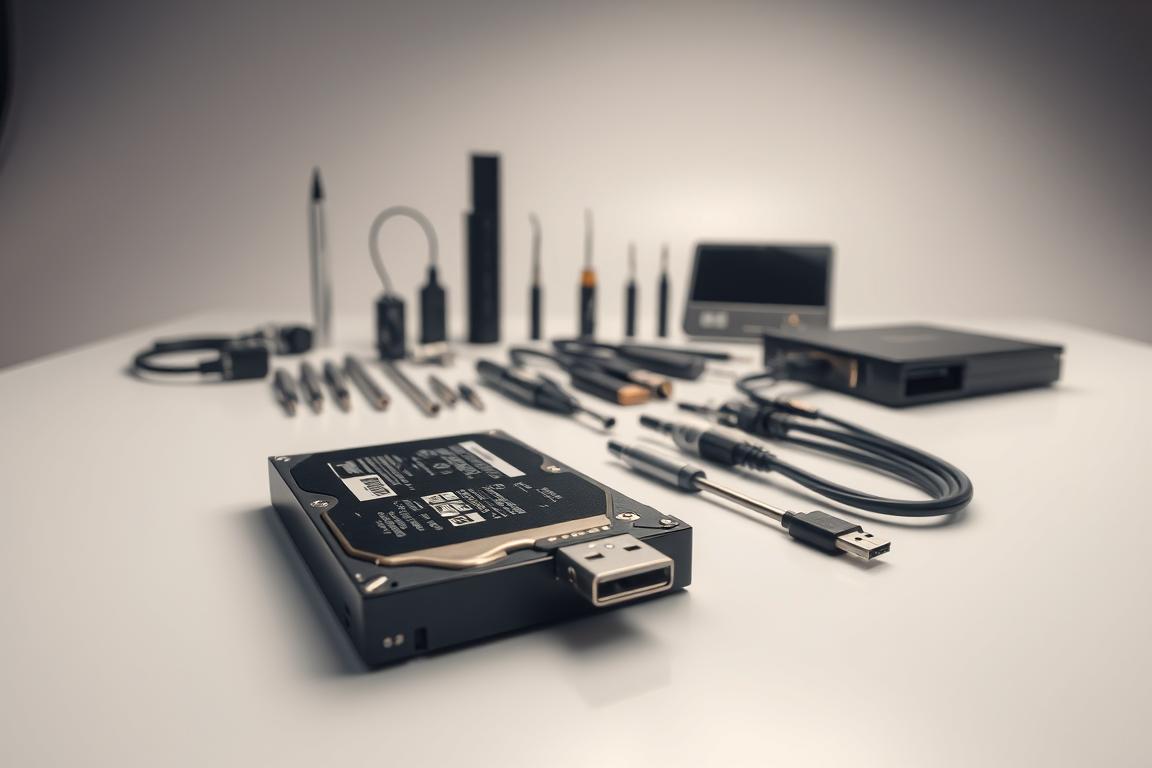 A professional, well-lit studio setting with an array of data recovery tools neatly displayed on a clean, uncluttered desk. The foreground features a high-resolution close-up of a USB external hard drive, its casing partially disassembled to reveal the internal components. In the middle ground, various cable connectors, adapters, and diagnostic tools are arranged in an organized fashion, conveying a sense of expertise and attention to detail. The background showcases a minimalist, yet sophisticated backdrop, perhaps with a subtle pattern or gradient to create depth and atmosphere. The overall mood is one of technical proficiency, reliability, and the promise of successful data restoration.