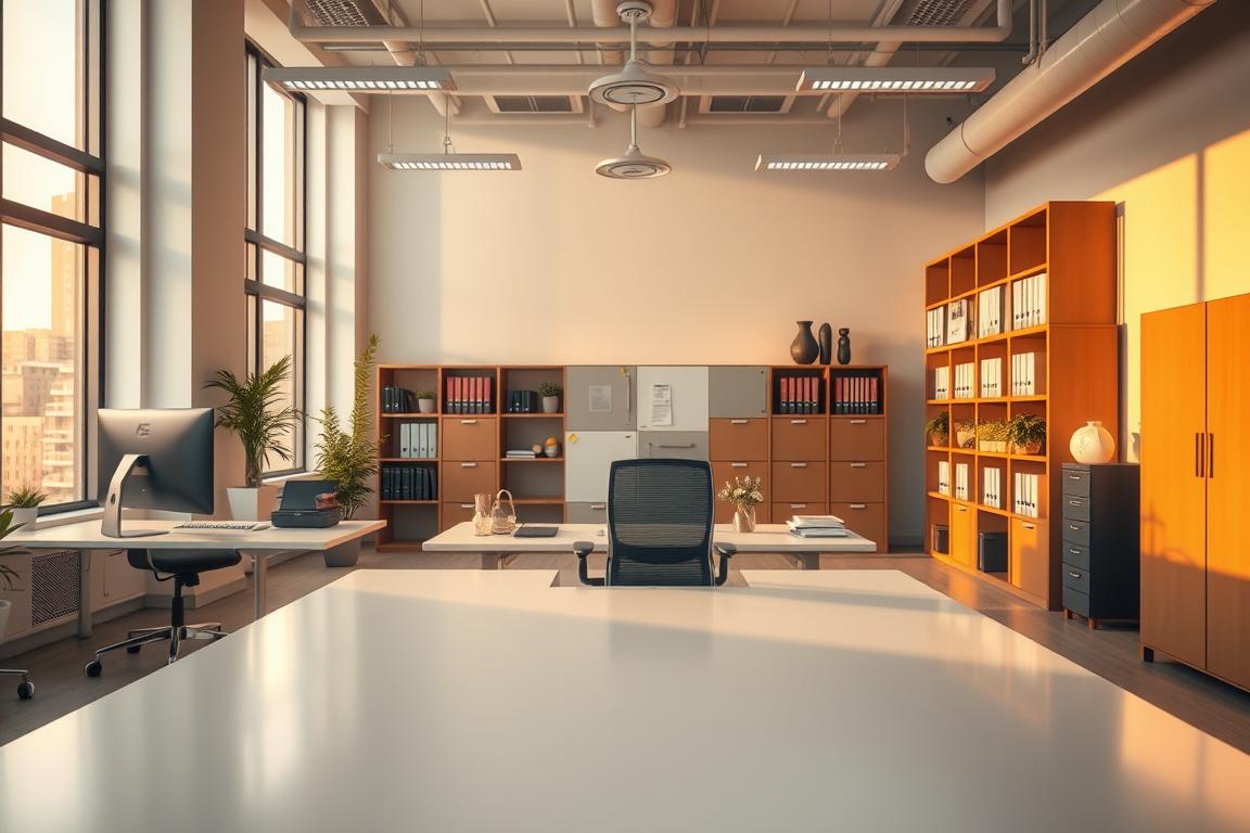 A professional, well-organized office interior with a large desk, computer, and various office supplies. The scene is well-lit with soft, even lighting from overhead and warm, natural light filtering in through tall windows. The desk is positioned in the foreground, with a mid-ground featuring a rolling office chair and background of bookshelves and filing cabinets. The overall mood is one of productivity and efficiency, with a clean, minimalist aesthetic. The camera angle is slightly elevated to provide a comprehensive view of the space.