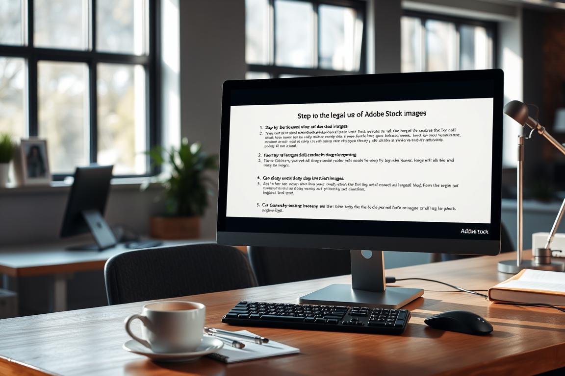 A professional, well-organized office setting with a desktop computer, keyboard, and mouse. The scene is brightly lit with natural light streaming in through large windows. On the computer screen, a step-by-step guide to the legal use of Adobe Stock images is displayed, with clear and concise instructions. The desk is neatly organized, with a cup of coffee, a notebook, and a stylish lamp. The atmosphere conveys a sense of productivity, focus, and attention to detail, reflecting the importance of using Adobe Stock images responsibly and within the legal framework.