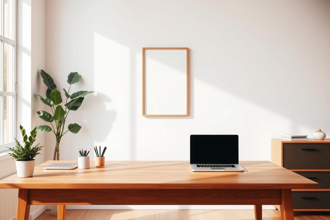 A serene, minimalist stock image of a creative workspace. In the foreground, a wooden desk with a laptop, a potted plant, and a few office supplies neatly arranged. The middle ground features a plain white wall with a simple framed artwork. In the background, a large window allows natural light to flood the scene, creating a warm, inviting atmosphere. The overall mood is one of efficiency, organization, and inspiration, suitable for illustrating the section on finding the right images for creative projects.