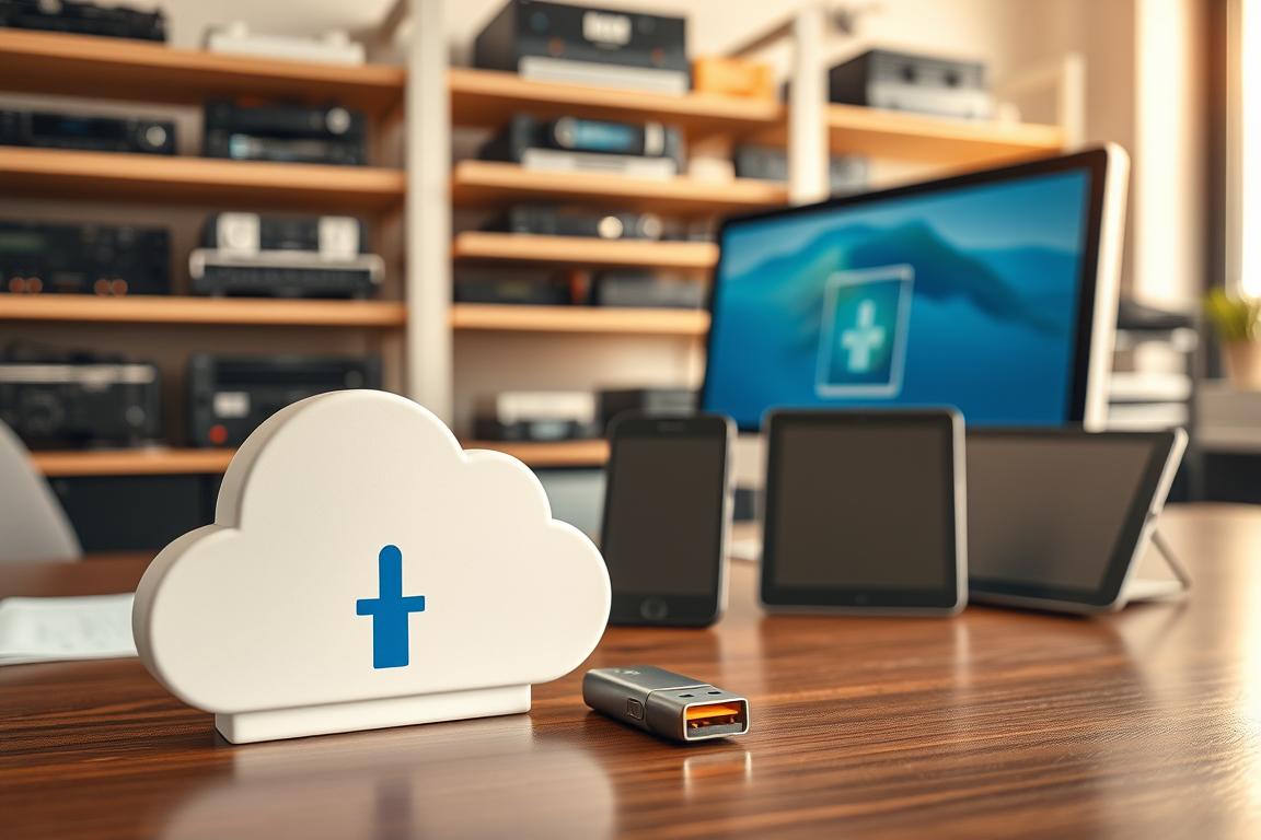A serene office setting with a desk and computer showcasing various file upload methods. In the foreground, a cloud icon and a USB drive symbolize cloud storage and direct file transfers. In the middle ground, a smartphone and tablet display alternative mobile upload options. The background features shelves of technical equipment, conveying a professional, technology-driven atmosphere. Warm, natural lighting illuminates the scene, creating a welcoming and productive ambiance. The composition emphasizes the diversity of file upload solutions, highlighting the flexibility and convenience of modern file management.