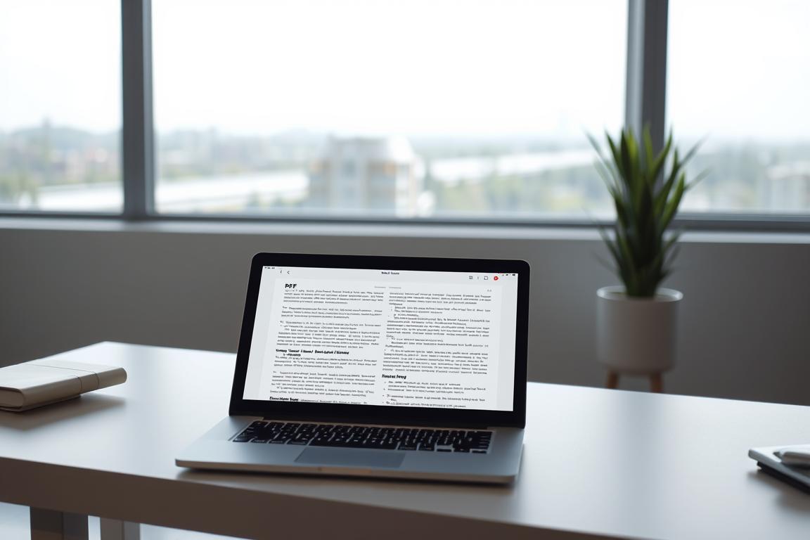 A serene, well-lit workspace with a modern, minimalist desk setup. On the desk, a sleek laptop displays a PDF document, the pages filled with crisp, legible text and clean, uncluttered layout. The lighting is soft and diffused, creating an atmosphere of focus and productivity. In the background, a large window overlooks a tranquil outdoor scene, blending the digital and physical environments. The overall scene conveys a sense of efficiency, clarity, and an optimal experience for viewing PDF documents. A serene, well-lit workspace with a modern, minimalist desk setup. On the desk, a sleek laptop displays a PDF document, the pages filled with crisp, legible text and clean, uncluttered layout. The lighting is soft and diffused, creating an atmosphere of focus and productivity. In the background, a large window overlooks a tranquil outdoor scene, blending the digital and physical environments. The overall scene conveys a sense of efficiency, clarity, and an optimal experience for viewing PDF documents.