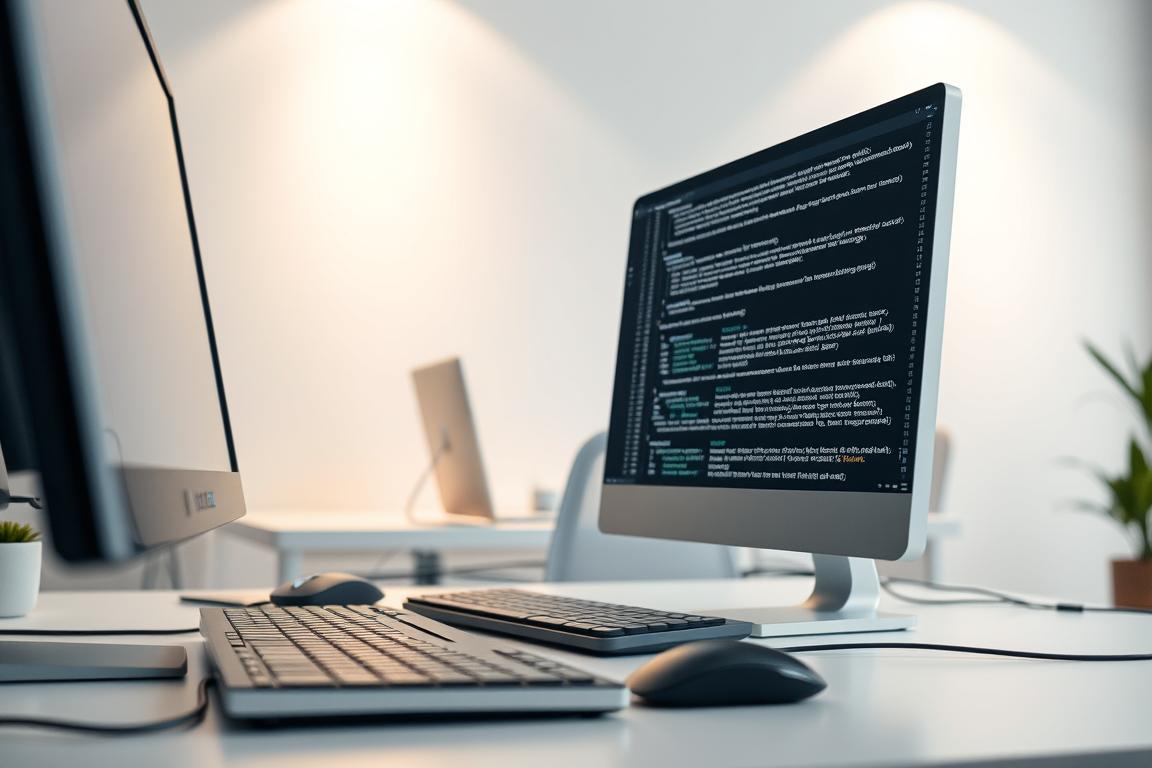 A serene workspace with a desktop computer, keyboard, and mouse in the foreground, illuminated by soft, ambient lighting. In the middle ground, a developer intently troubleshoots complex lines of code on the screen, brow furrowed in concentration. The background features a minimalist, contemporary office setting, with clean lines and muted tones creating a calming, focused atmosphere. The overall scene conveys the challenge and determination involved in resolving issues with intricate prompts, essential for creating high-quality generated images.