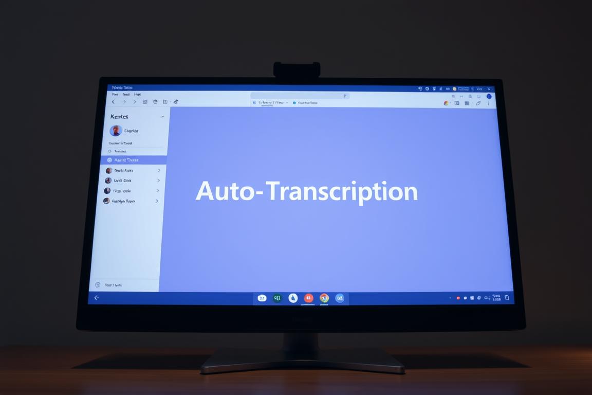 A sleek and modern Microsoft Teams interface, with the Auto-Transcription feature prominently displayed on the screen. The interface is bathed in a soft, diffused lighting, creating a professional and polished atmosphere. The layout is clean and uncluttered, with the transcription text seamlessly integrated into the design. The camera angle captures the screen at a slight diagonal, conveying a sense of dynamism and movement. The overall tone is one of efficiency and productivity, reflecting the practical utility of the Auto-Transcription feature.