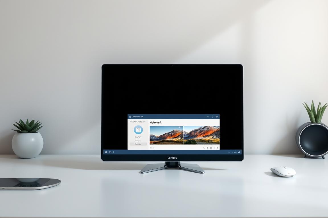 A sleek and modern desktop application, positioned prominently in the center of the frame, with a clean and intuitive user interface. The application features a simple toolbar and various controls for removing watermarks from images. The background is a minimalist workspace, with a neutral color palette and subtle textures to create a professional and polished atmosphere. Soft, directional lighting illuminates the scene, casting gentle shadows and highlights to accentuate the details of the application. The overall composition conveys a sense of efficiency and ease of use, perfect for illustrating a tool that helps users remove watermarks from their images.