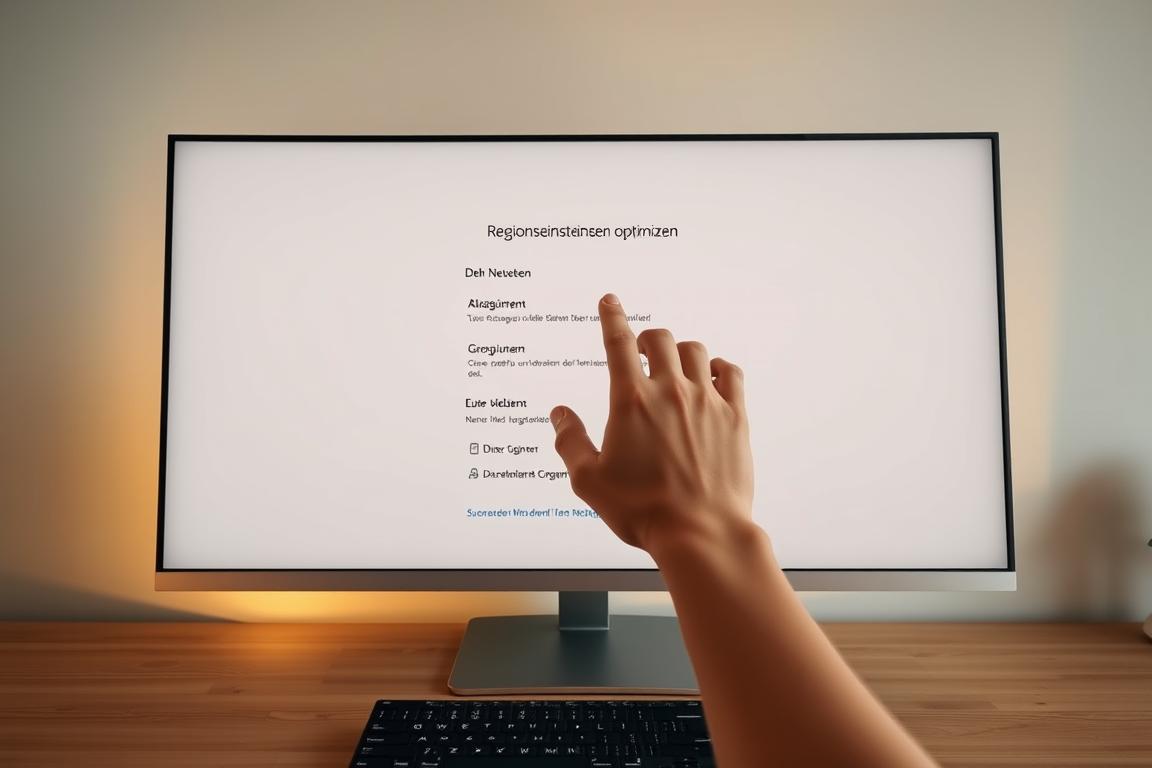 A sleek, modern computer desktop with a large screen displaying the German language settings menu, "Regionseinstellungen optimieren". The foreground features a hand deftly navigating through the settings, the middle ground shows the menu interface with clear, legible options, and the background has a minimalist, clean design with soft pastel colors creating a calming, professional atmosphere. Warm, diffused lighting from the sides casts subtle shadows, highlighting the depth and interactivity of the scene. The composition conveys a sense of efficiency, attention to detail, and a straightforward solution to the problem at hand.