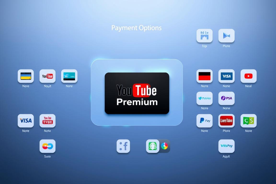 A sleek, modern digital payment interface showcasing various payment options for YouTube Premium. A central card displays the YouTube Premium logo, surrounded by a grid of payment method icons including credit/debit cards, mobile wallets, and alternative payment platforms. The interface has a clean, minimal aesthetic with a blue and gray color scheme, complemented by subtle lighting effects. The layout is balanced and intuitive, making the payment process straightforward and user-friendly. The overall impression conveys professionalism, trust, and the premium nature of the YouTube Premium subscription service.