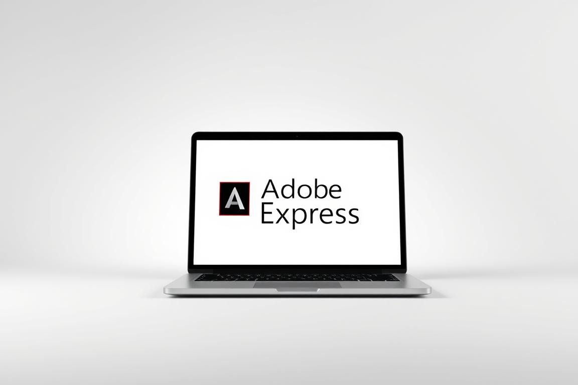 A sleek, modern laptop or tablet device centered in the frame, displaying the Adobe Express logo and interface. The device is set against a minimalist, white background, with subtle shadows and highlights to accentuate the device's clean, elegant design. The composition is balanced, with the device occupying the foreground and the background providing a sense of simplicity and focus. The lighting is soft and diffused, creating a professional, high-quality aesthetic. The overall mood is one of sophistication, efficiency, and the versatility of the Adobe Express platform.