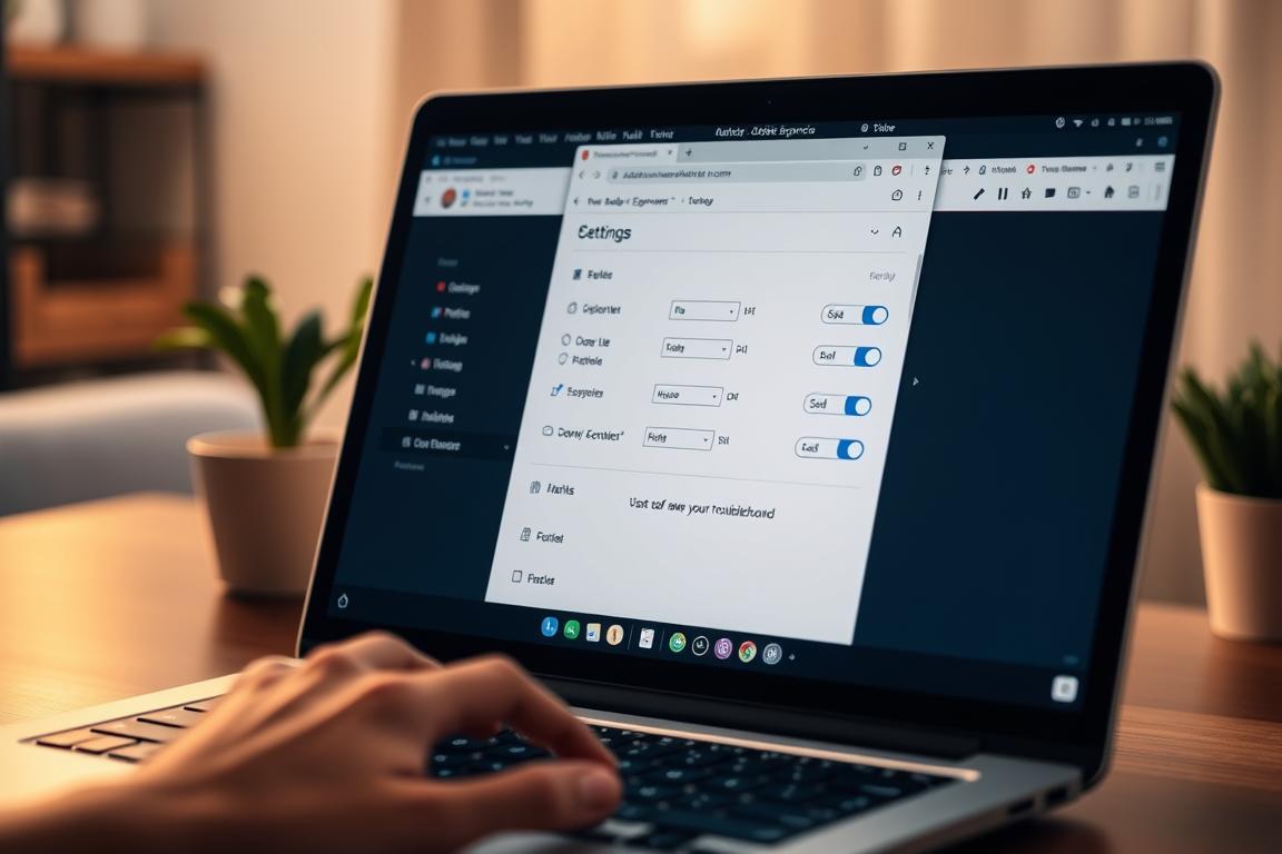 A sleek, modern laptop screen displaying the Adobe Express audio interface, with a user navigating through the various browser settings and controls. The screen is bathed in a warm, soft lighting, creating a calming and focused atmosphere. In the foreground, a hand hovers over the keyboard, suggesting an interactive and hands-on troubleshooting process. The background blurs gently, emphasizing the task at hand. The overall composition conveys a sense of guidance and problem-solving, reflecting the step-by-step nature of the instructional content.